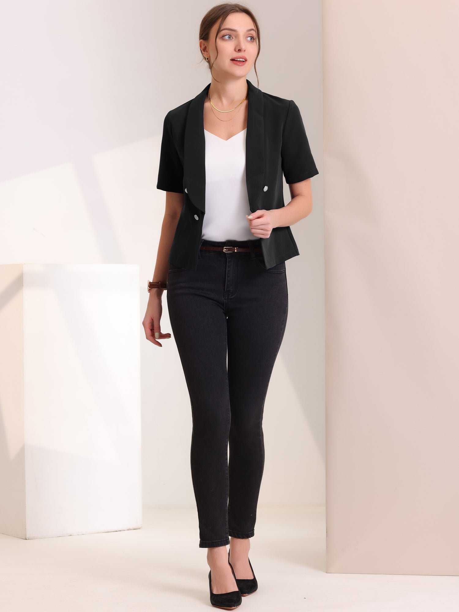 Casual Shawl Collar Open Front Cardigan Short Sleeve Work Blazer