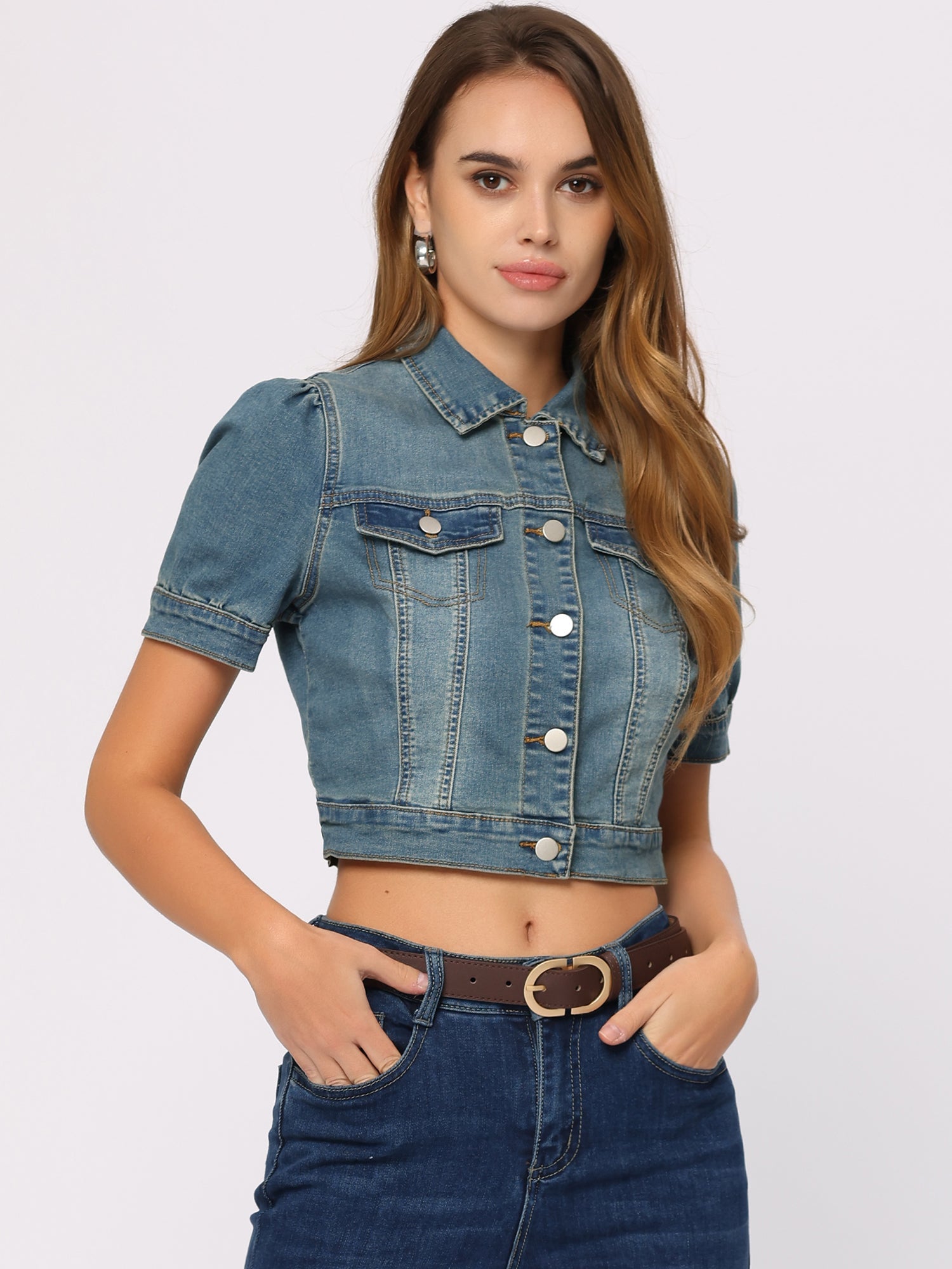 Casual Button-Down Puff Long Sleeve Crop Denim Jacket
