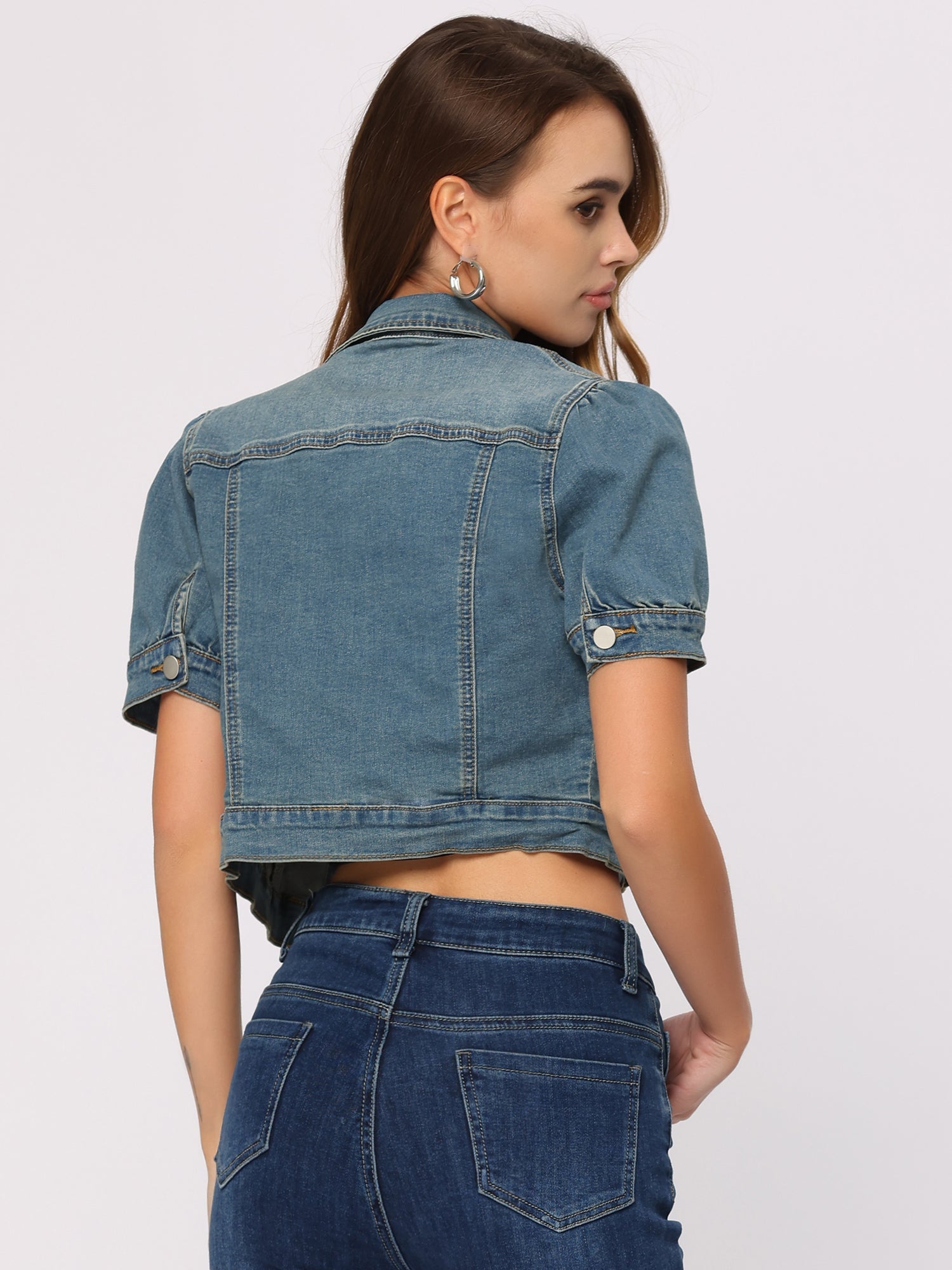 Casual Button-Down Puff Long Sleeve Crop Denim Jacket