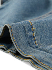 Casual Button-Down Puff Long Sleeve Crop Denim Jacket