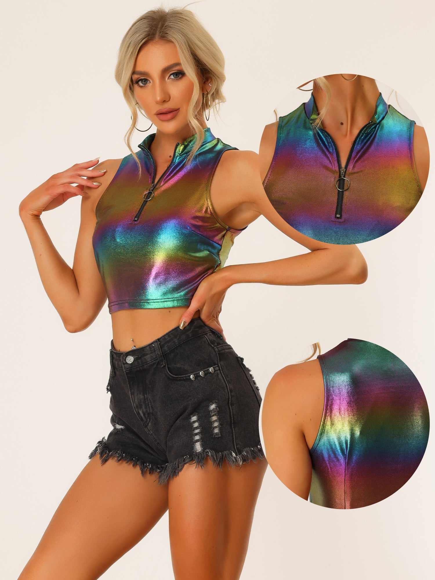 Metallic Crop Tops Mock Neck Zip Up Shiny Holographic Tank Top