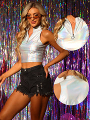 Metallic Crop Tops Mock Neck Zip Up Shiny Holographic Tank Top