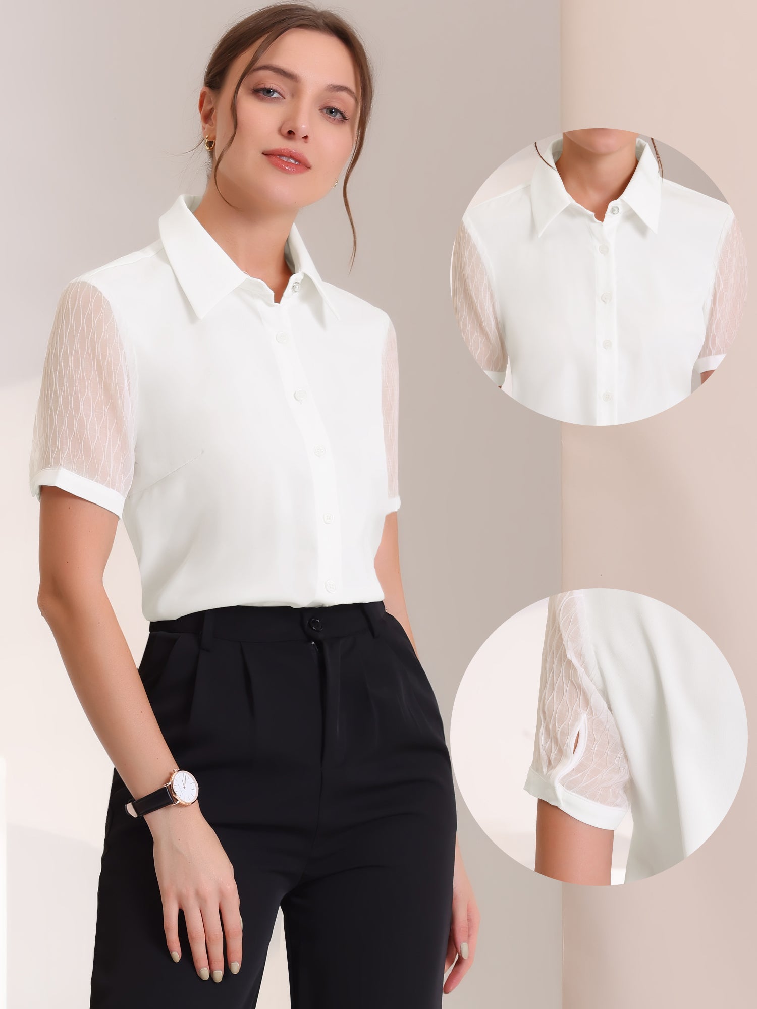 Button Down Shirt Sheer Short Sleeve Point Collar Work Tops