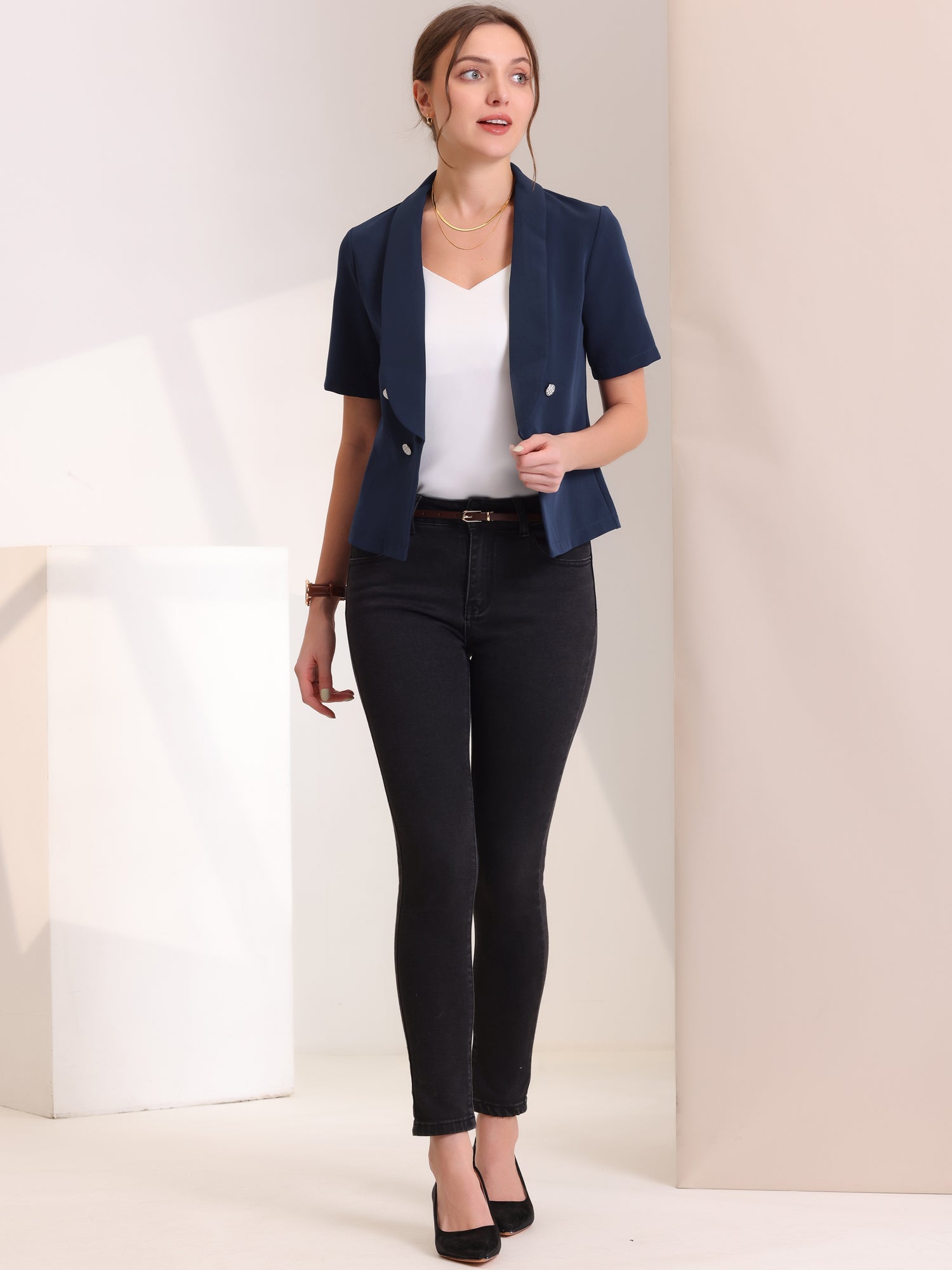Casual Shawl Collar Open Front Cardigan Short Sleeve Work Blazer