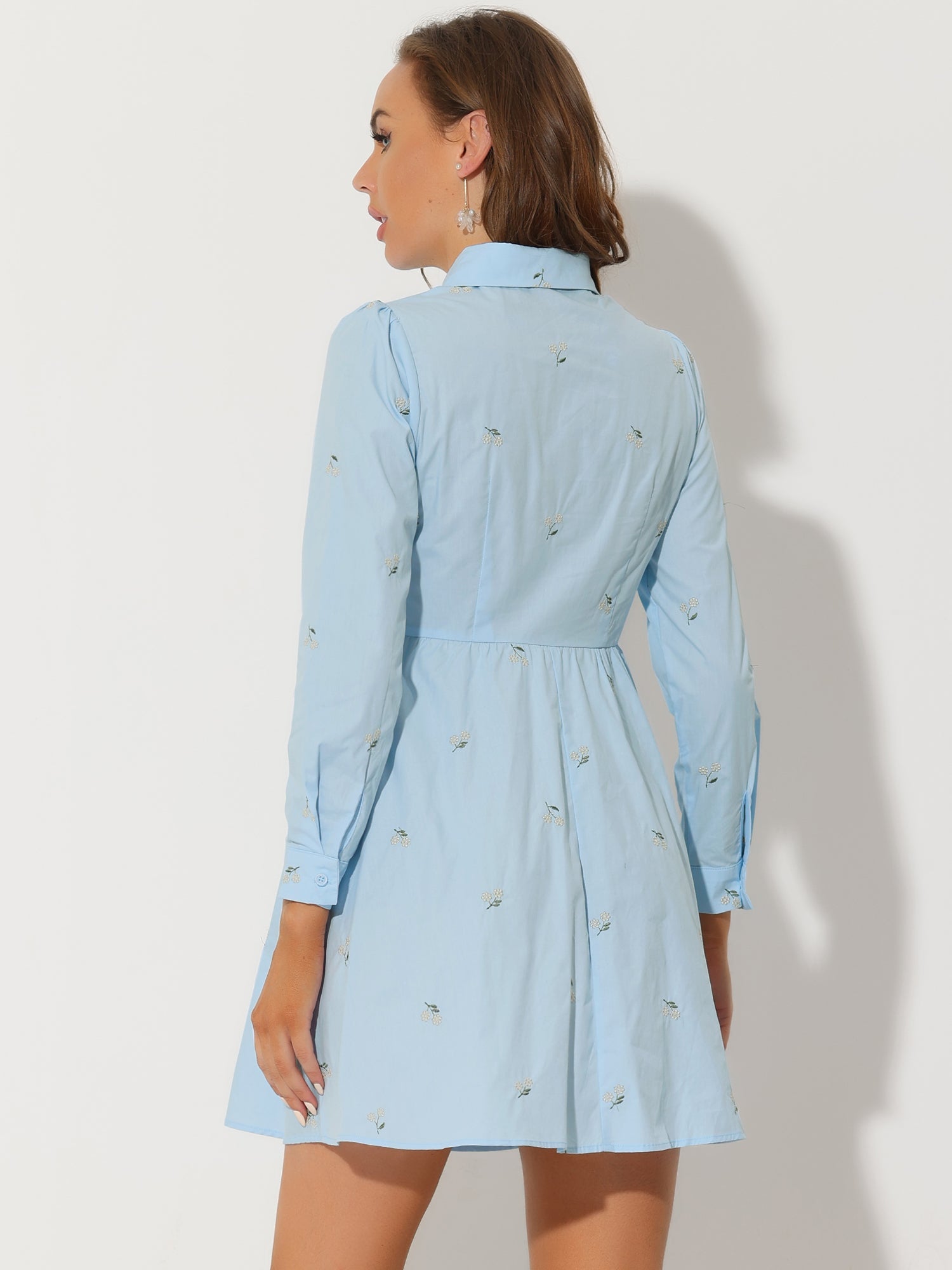 Casual Long Sleeve Half Placket Embroidered Floral Mini Shirt Dress