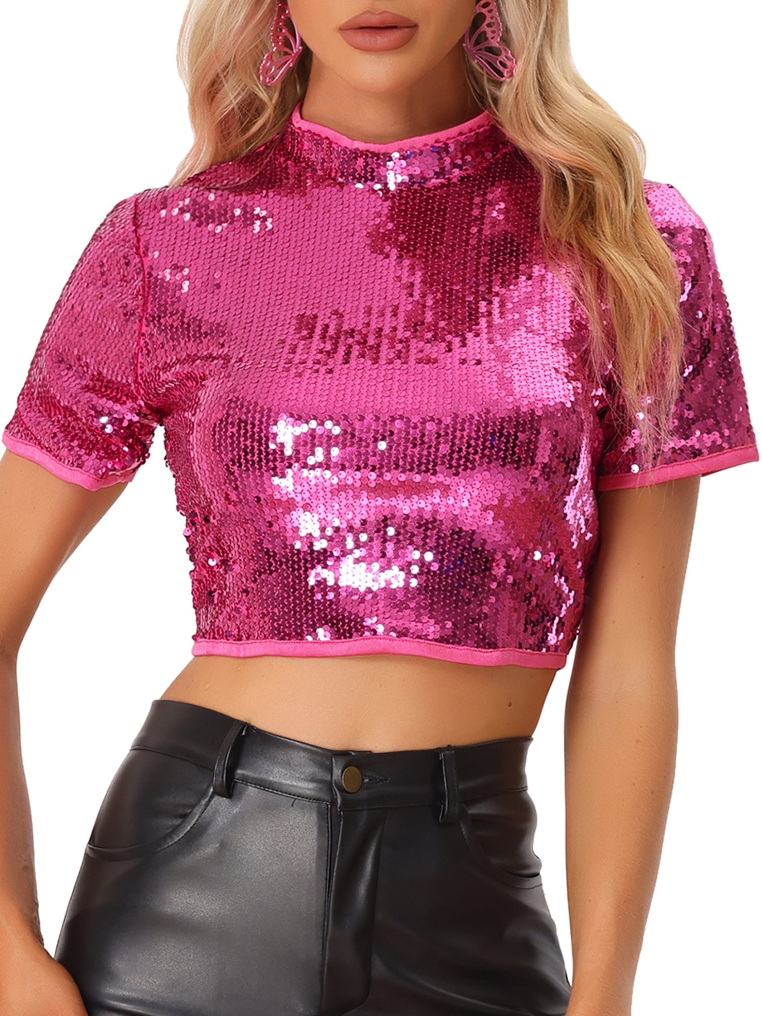 Sequin Sparkle Glitter Short Sleeve Shinning T Shirt Club Blouse