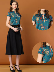 Satin Work Floral Vintage Stand Collar Cap Sleeve Blouse