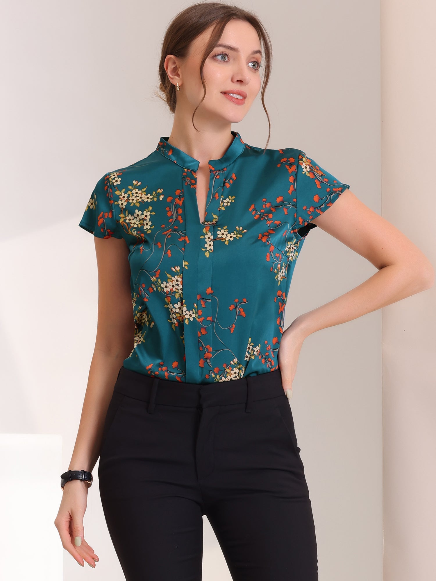 Satin Work Floral Vintage Stand Collar Cap Sleeve Blouse