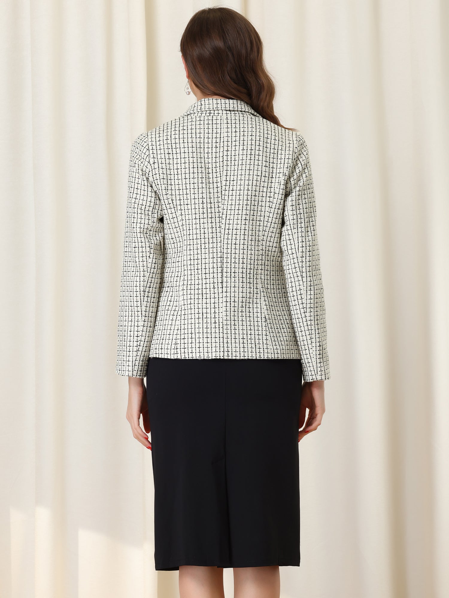 Tweed Plaid Long Sleeves Notched Lapel Open Front Blazer Jacket