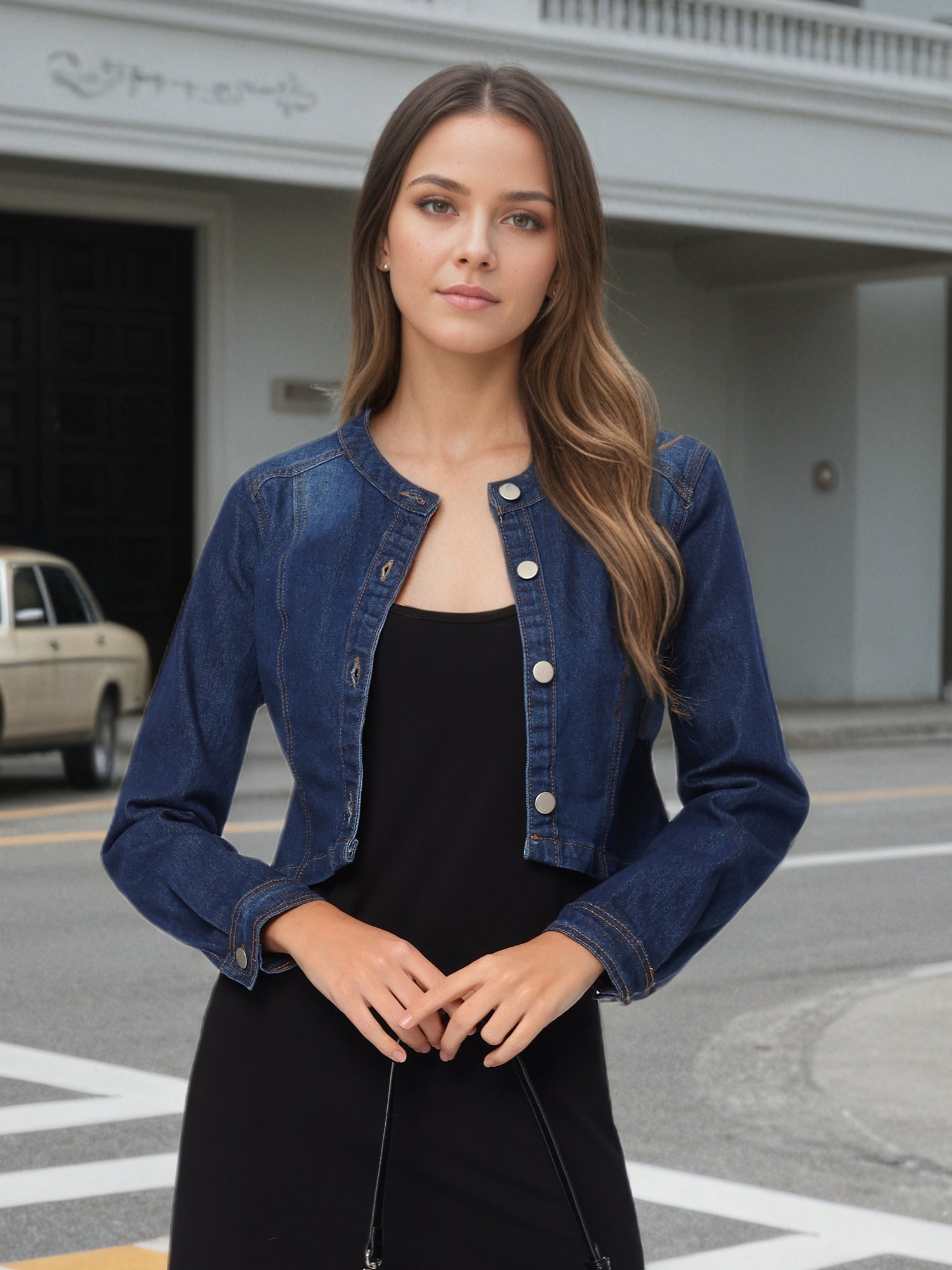 Denim Collarless Long Sleeve Button Down Crop Jean Jacket