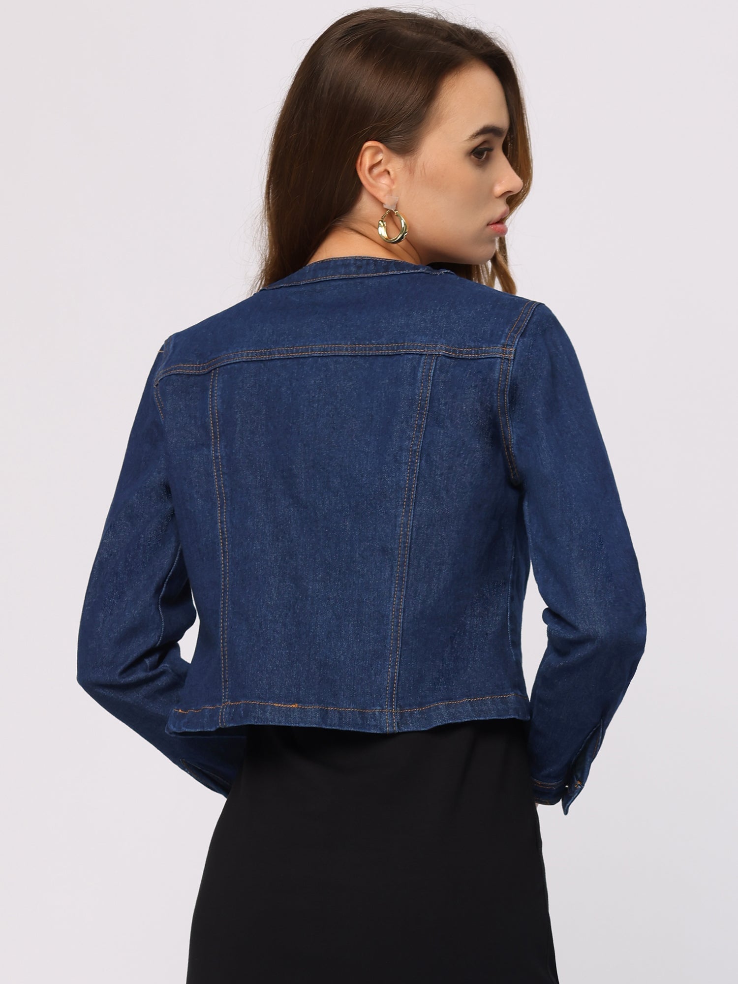 Denim Collarless Long Sleeve Button Down Crop Jean Jacket