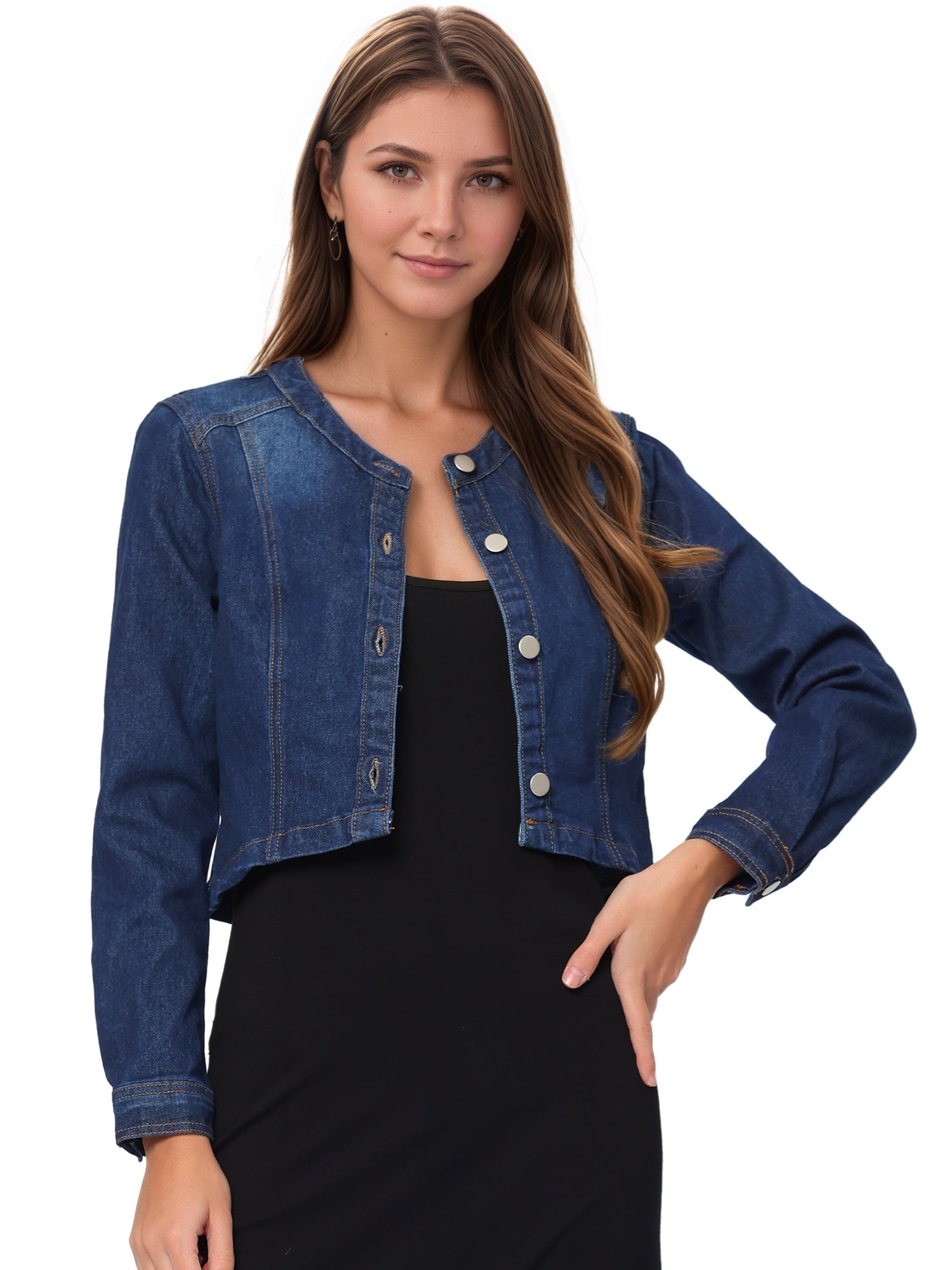 Denim Collarless Long Sleeve Button Down Crop Jean Jacket