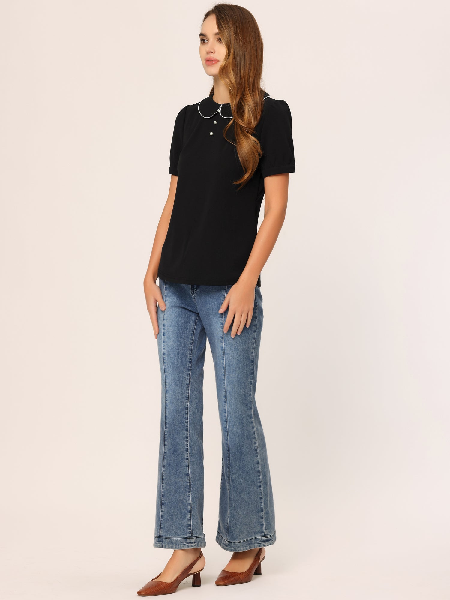 Peter Pan Collar Contrast Trim Puff Sleeve Blouse