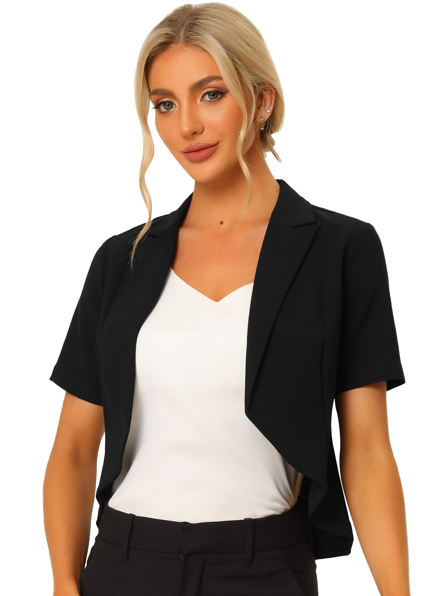 Business Casual Lapel Short Sleeve Open Front Cropped Blazer