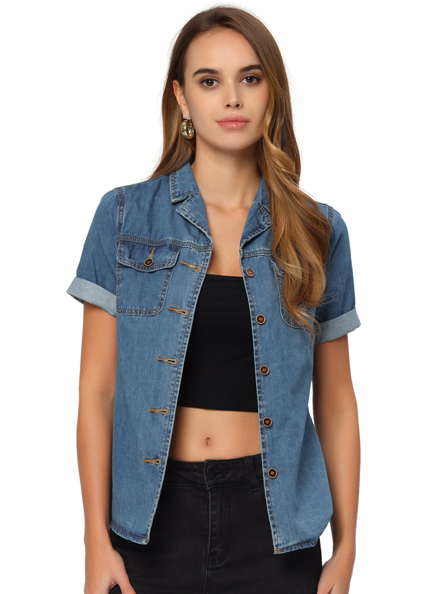 Button Up Collared Short Sleeve Pocket Classic Denim Shirt