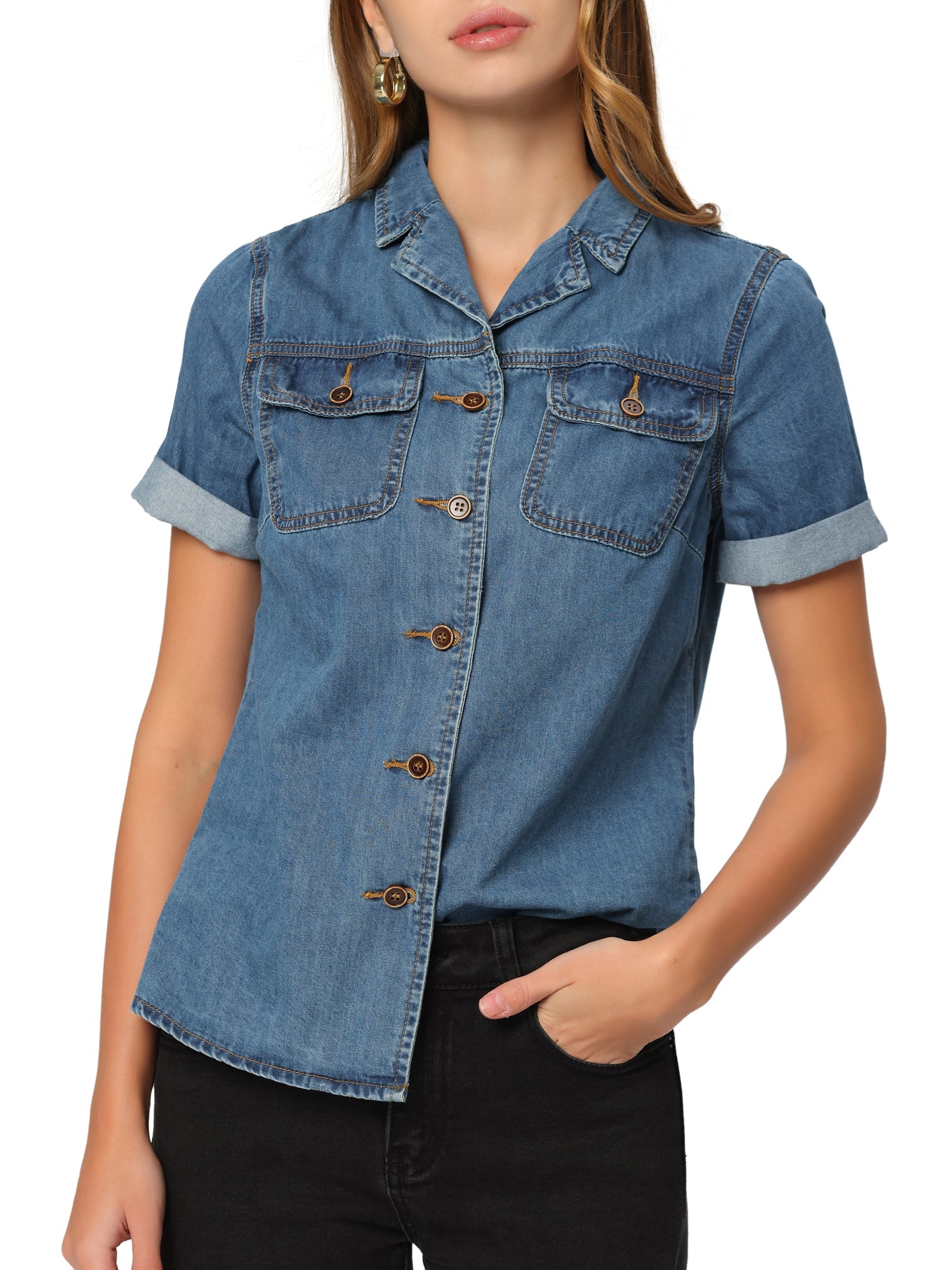 Button Up Collared Short Sleeve Pocket Classic Denim Shirt