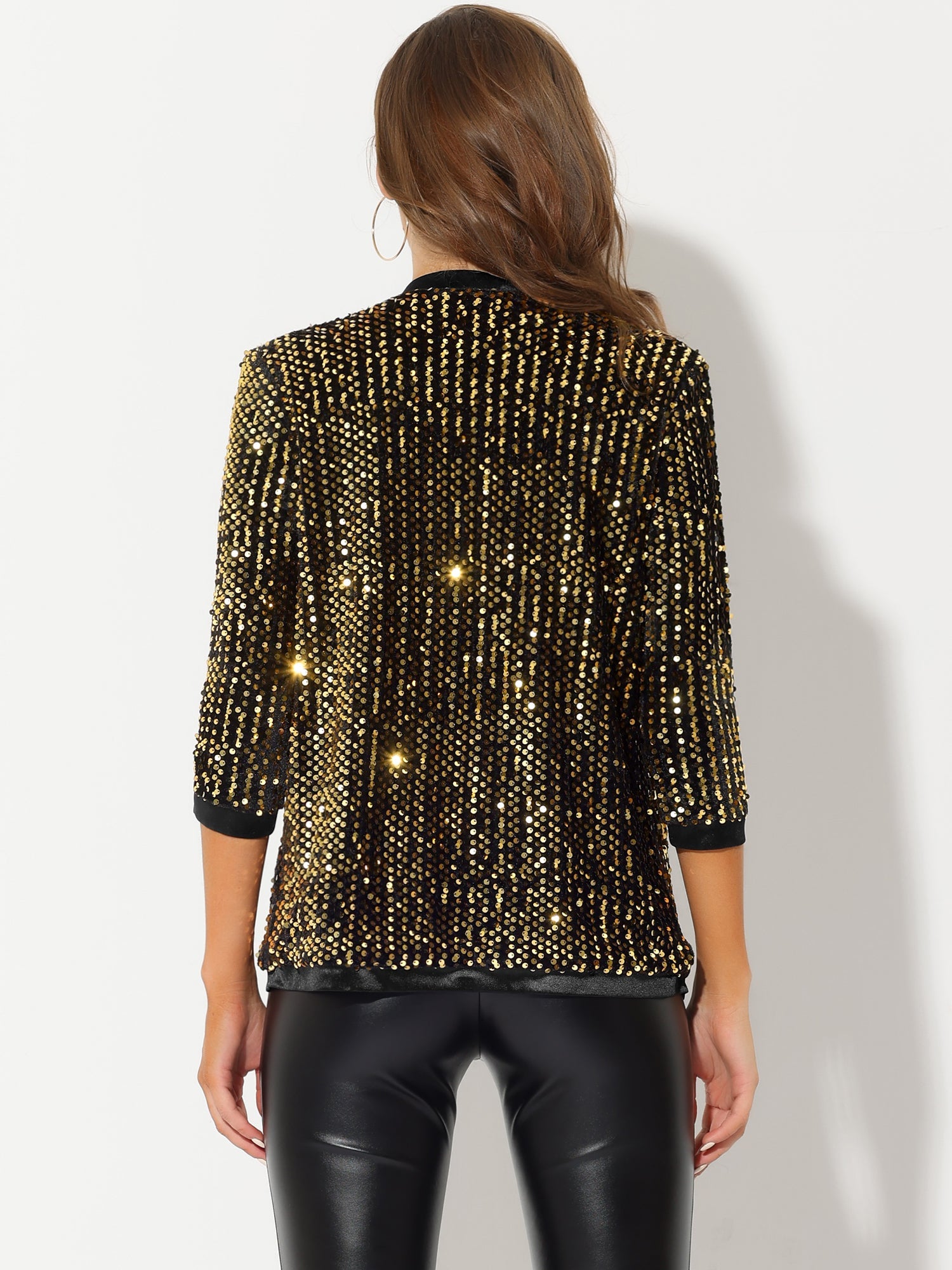 Sequin Open Front Collarless 3/4 Sleeve Velvet Jacket
