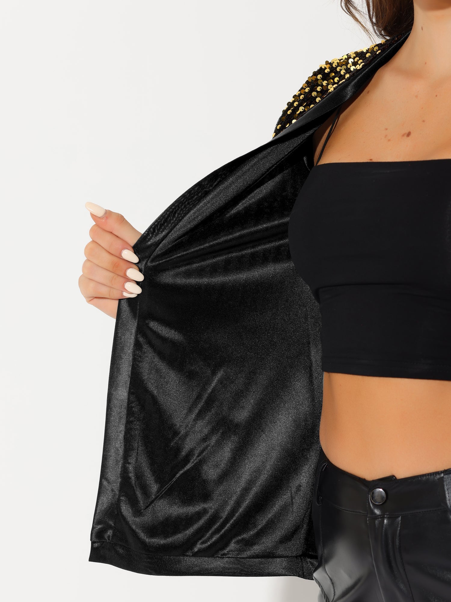 Sequin Open Front Collarless 3/4 Sleeve Velvet Jacket
