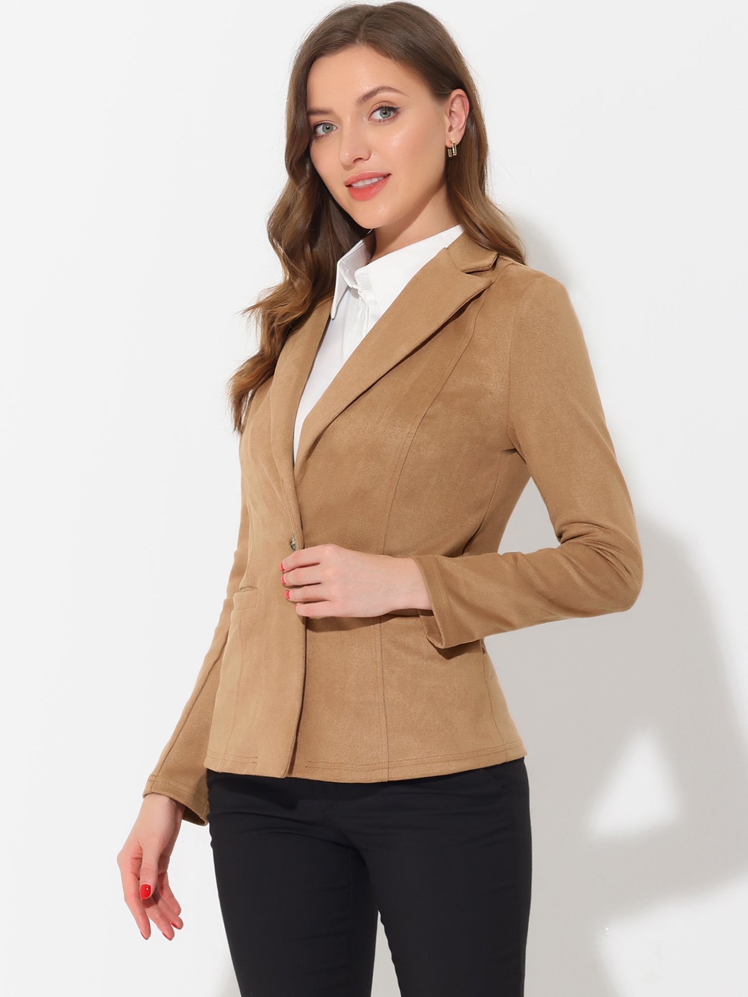Faux Suede Lapel Collar Long Sleeve Casual Work Office Jacket
