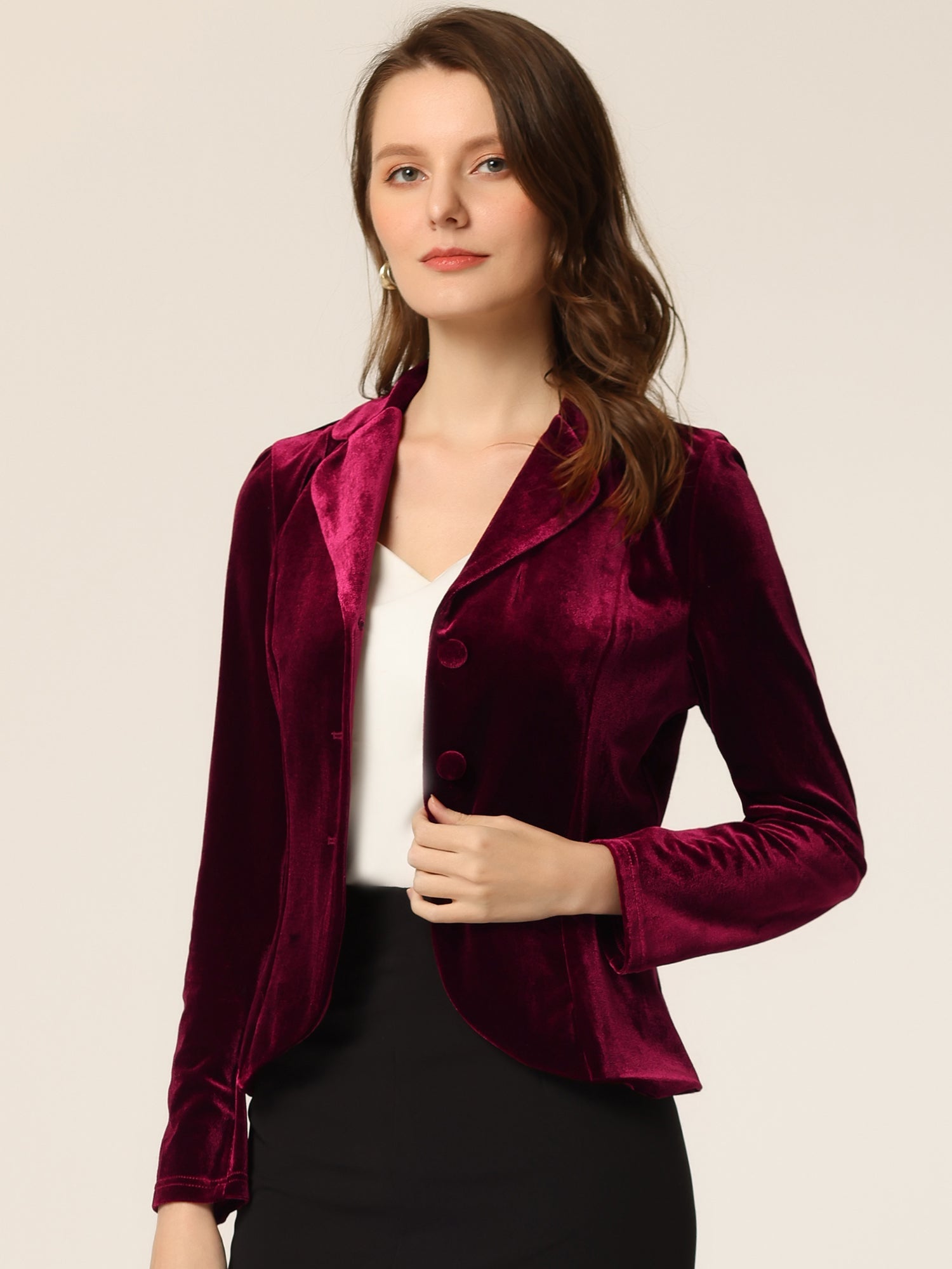 Notched Lapel Long Sleeve Office Business Button Velvet Blazer