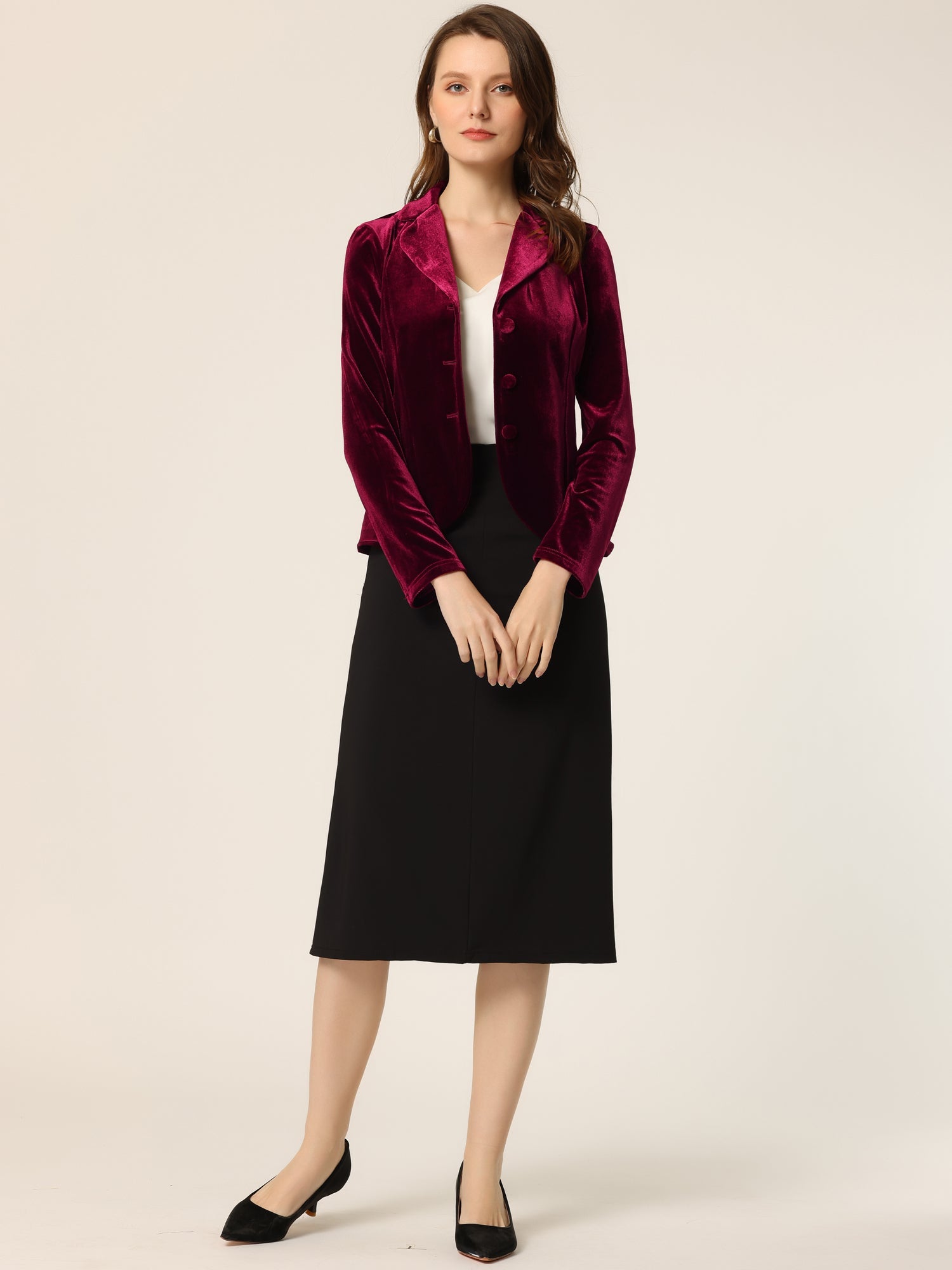 Notched Lapel Long Sleeve Office Business Button Velvet Blazer