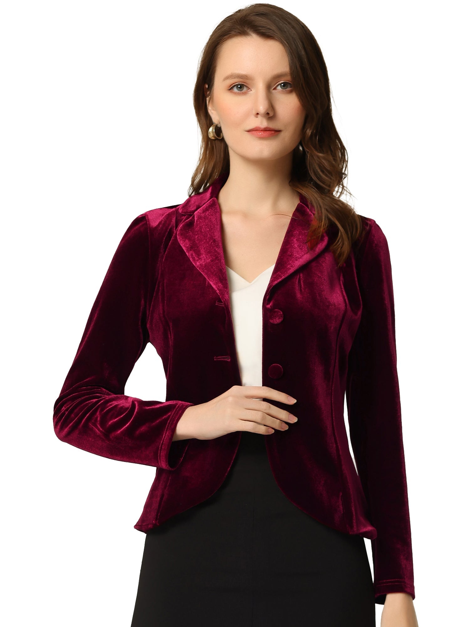 Notched Lapel Long Sleeve Office Business Button Velvet Blazer