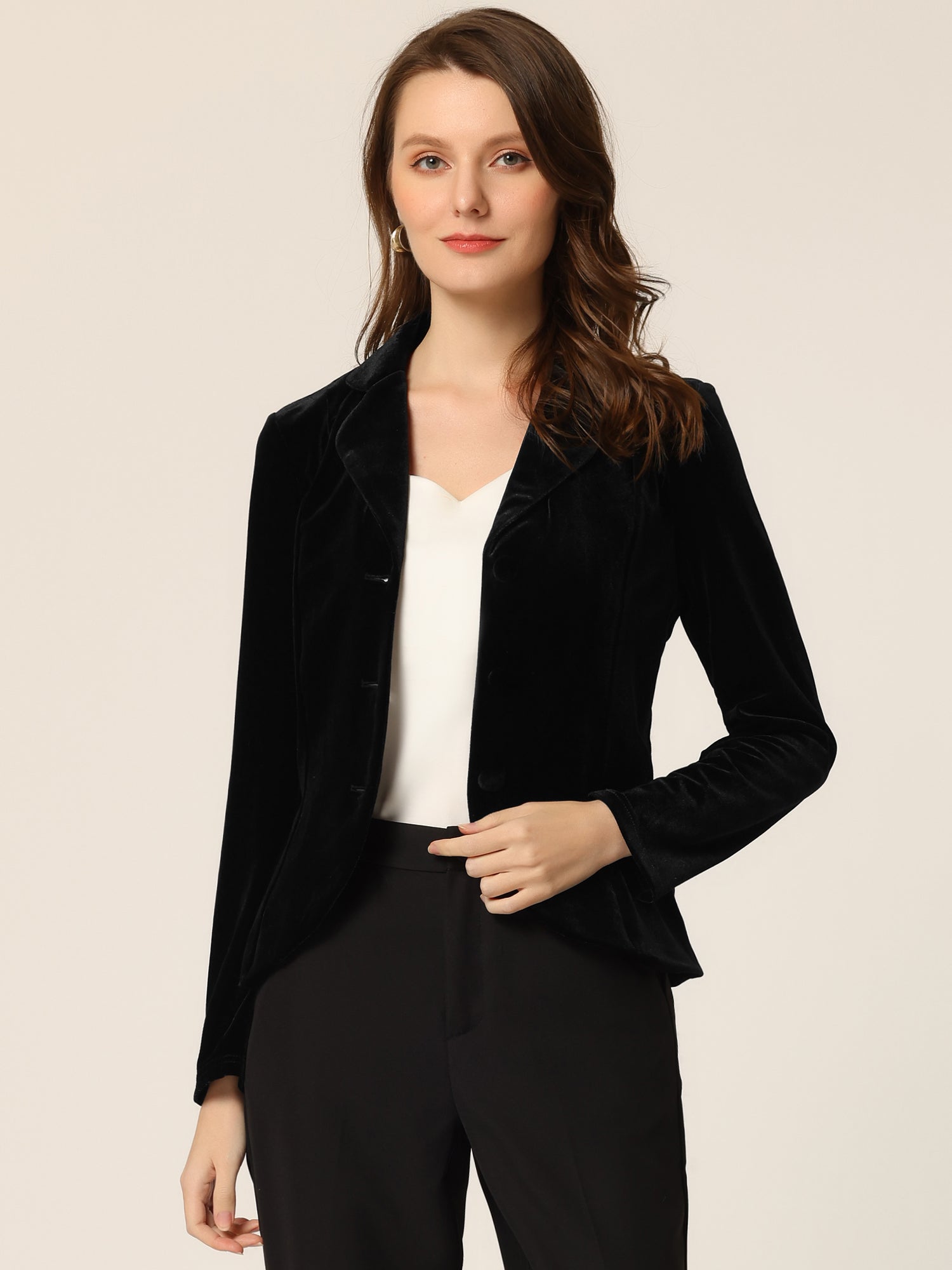 Notched Lapel Long Sleeve Office Business Button Velvet Blazer