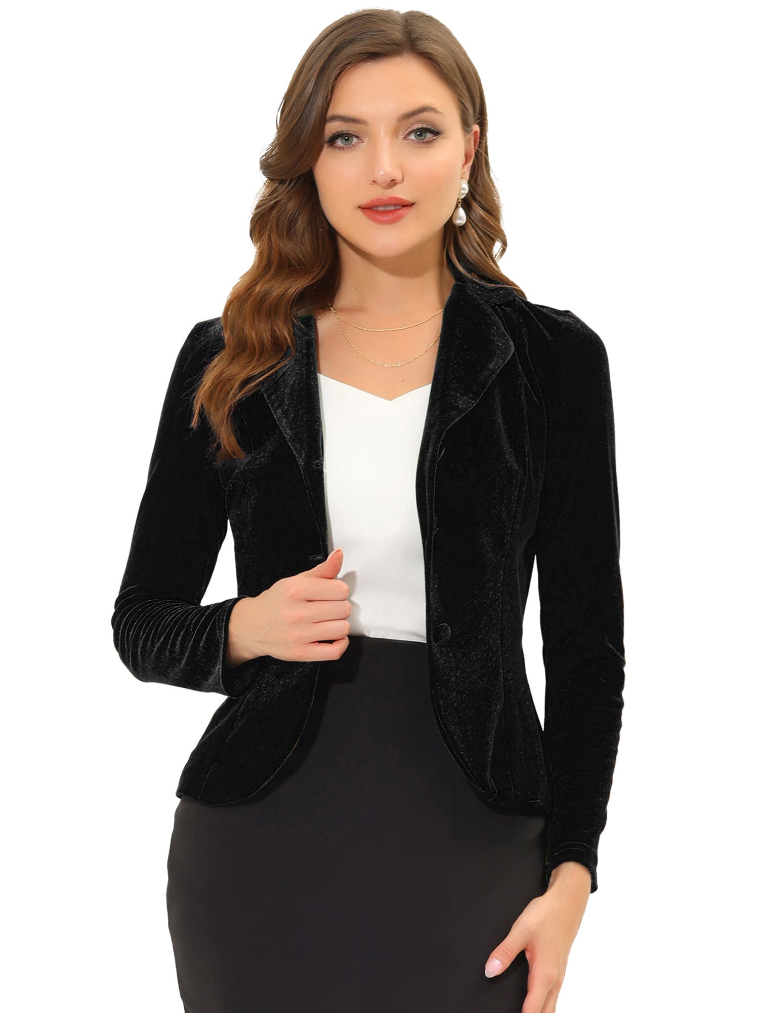 Notched Lapel Long Sleeve Office Business Button Velvet Blazer