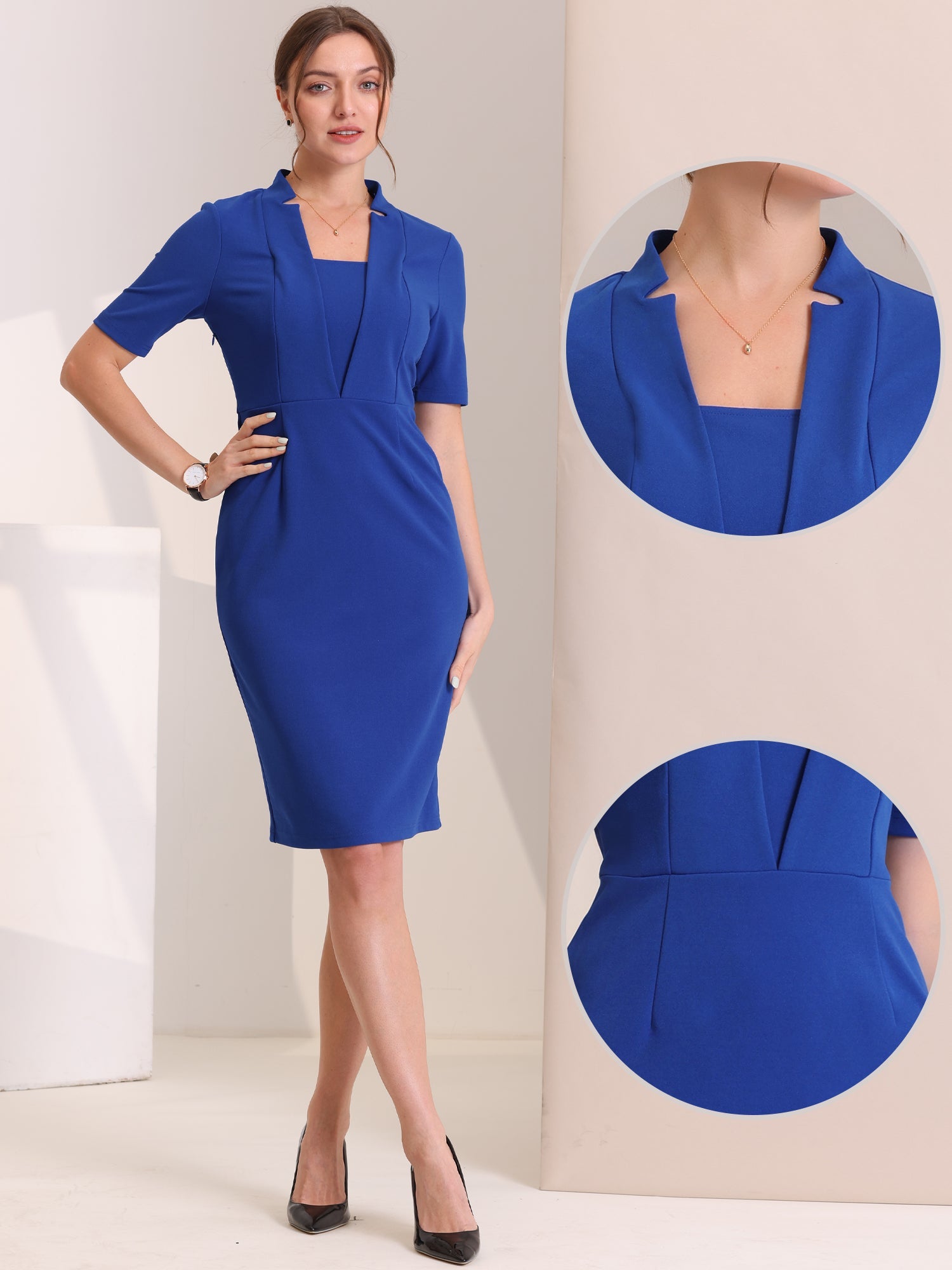 Formal Pencil V Neck Short Sleeve Office Bodycon Sheath Dress