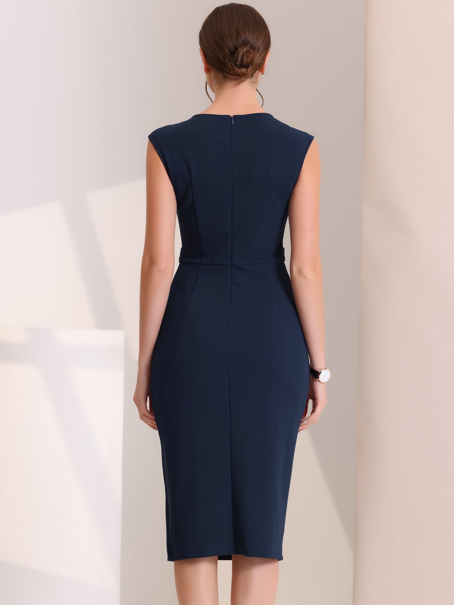 Round Neck Slim Fit Sleeveless Split Work Pencil Sheath Dress