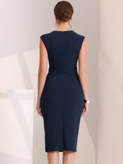 Round Neck Slim Fit Sleeveless Split Work Pencil Sheath Dress