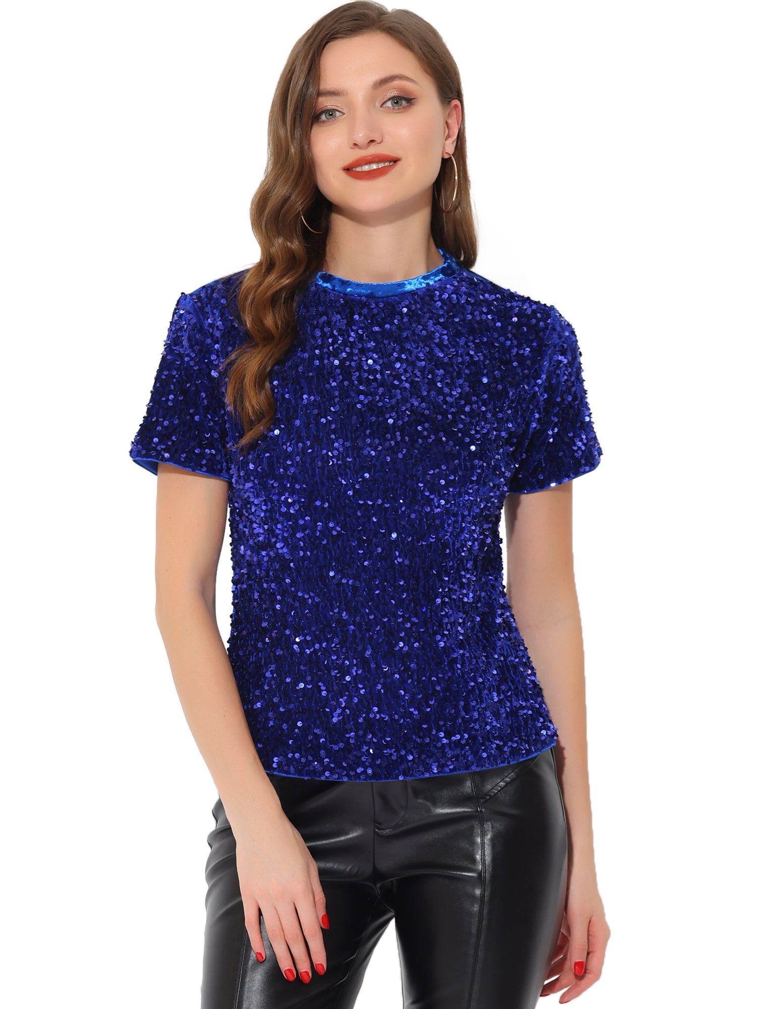 Glitter Sequin Velvet Crew Neck Short Sleeve Party Clubwear Blouse