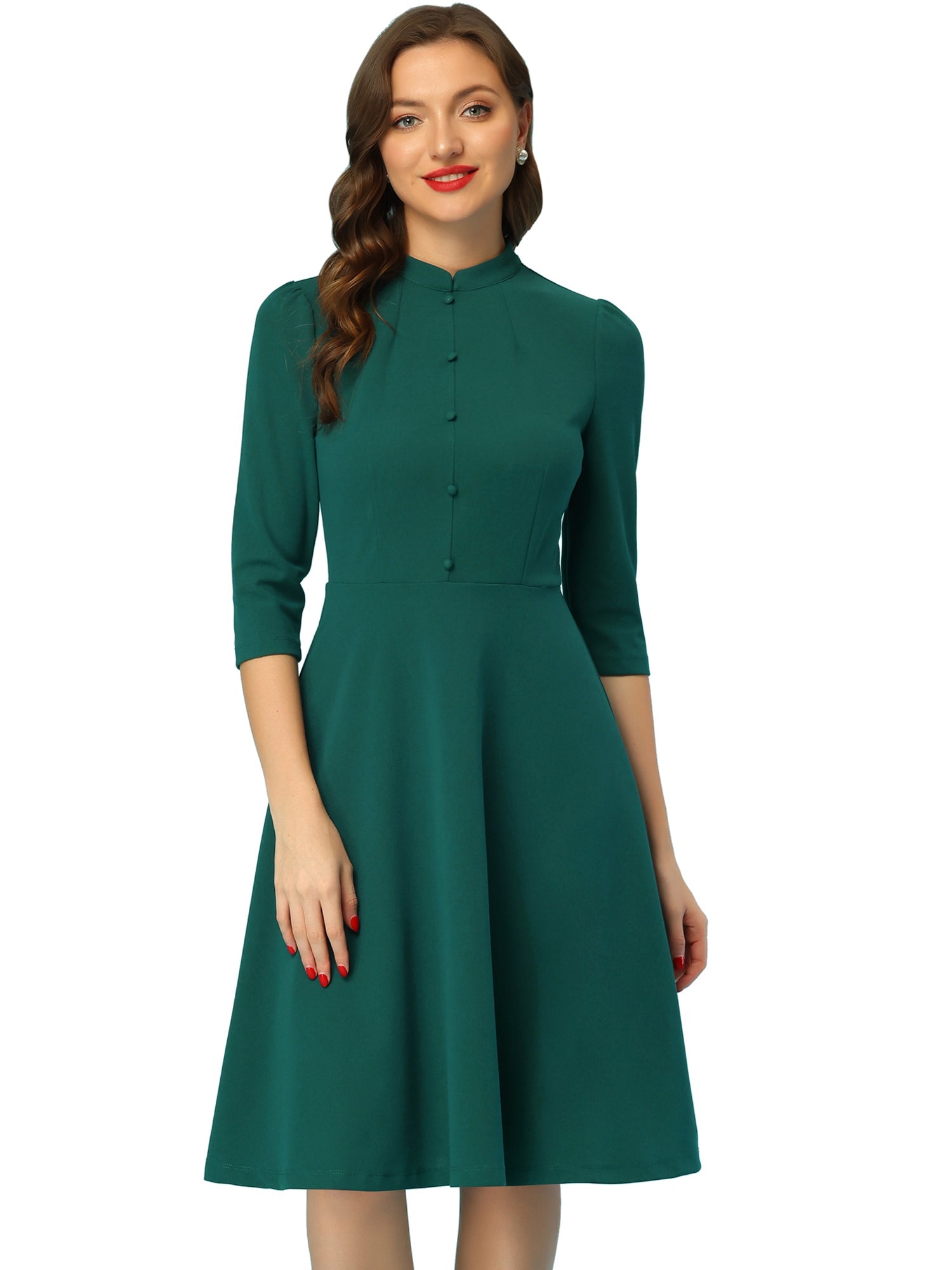 Retro 3/4 Sleeve Stand Collar Office Work Elegant A-Line Dress