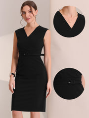 Solid Color V Neck Sleeveless Belted Business Office Midi Sheath Dress