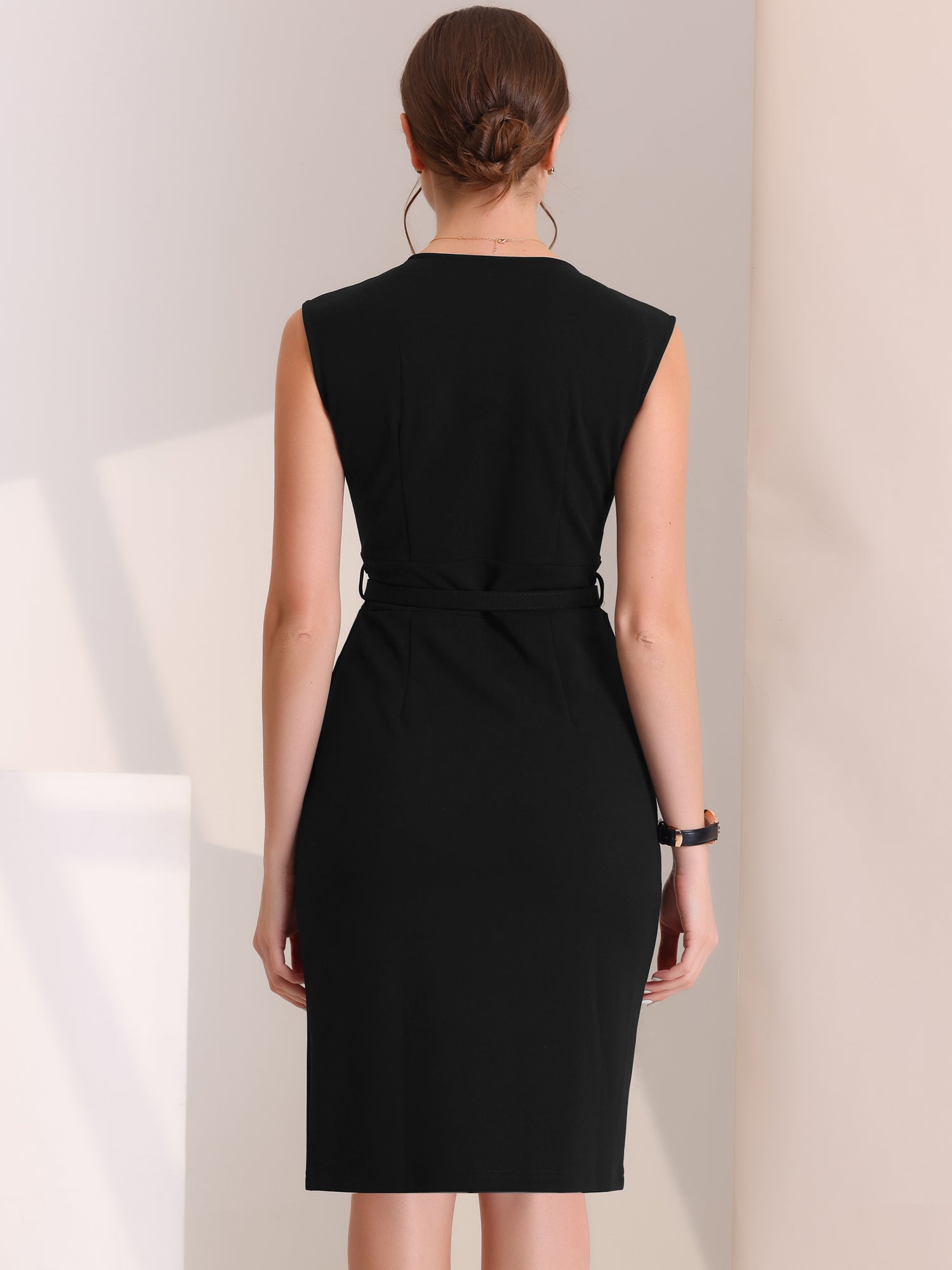 Solid Color V Neck Sleeveless Belted Business Office Midi Sheath Dress
