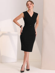 Solid Color V Neck Sleeveless Belted Business Office Midi Sheath Dress