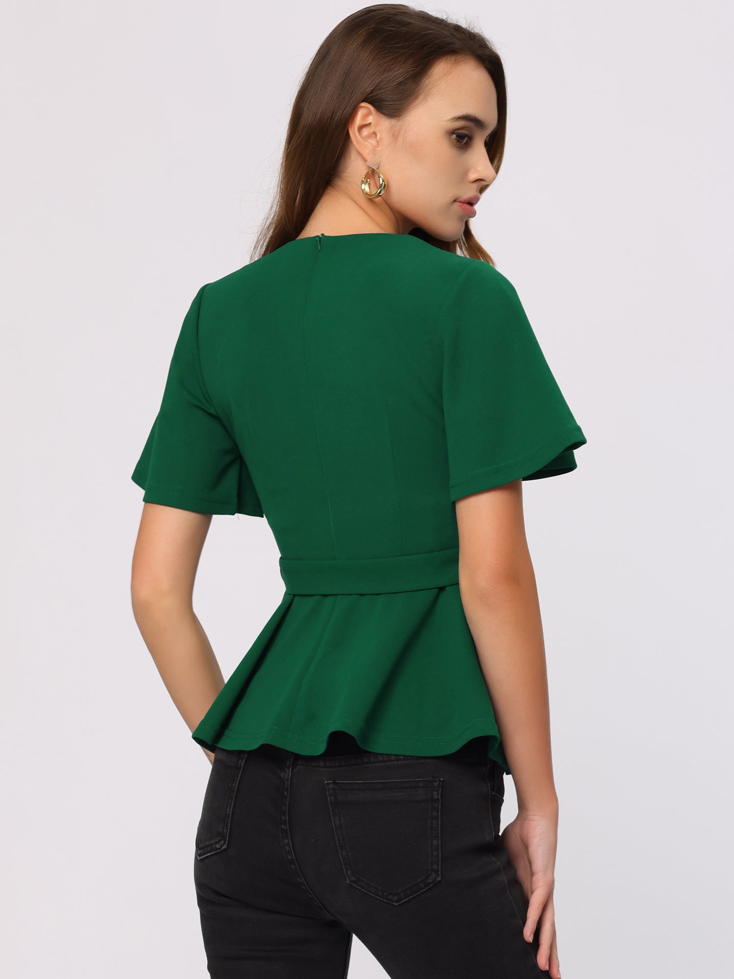 Peplum Round Neck Bell Sleeve Belted Waist Office Blouse