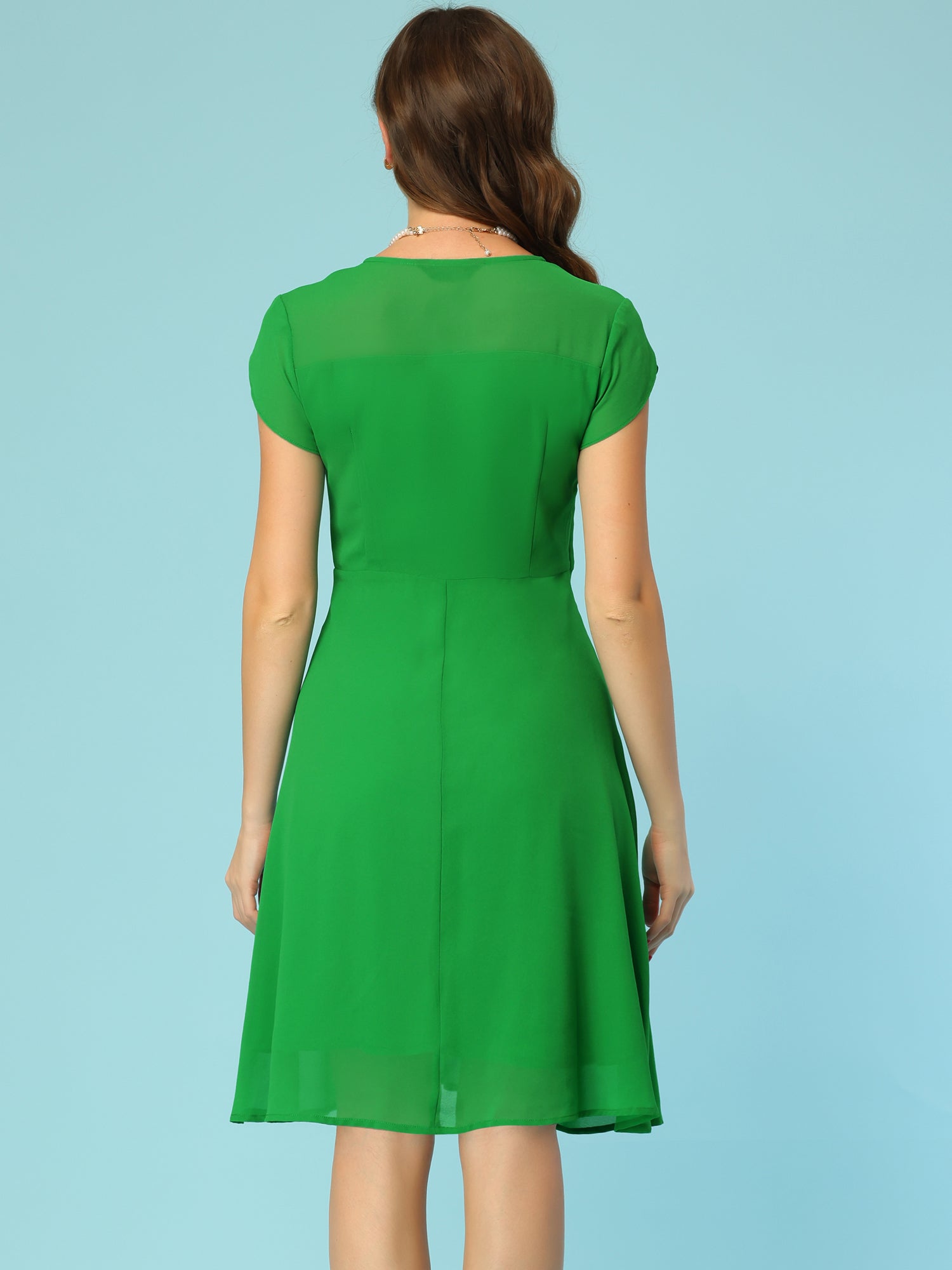 Vintage Chiffon V Neck Cap Sleeve Elegant A-Line Dress
