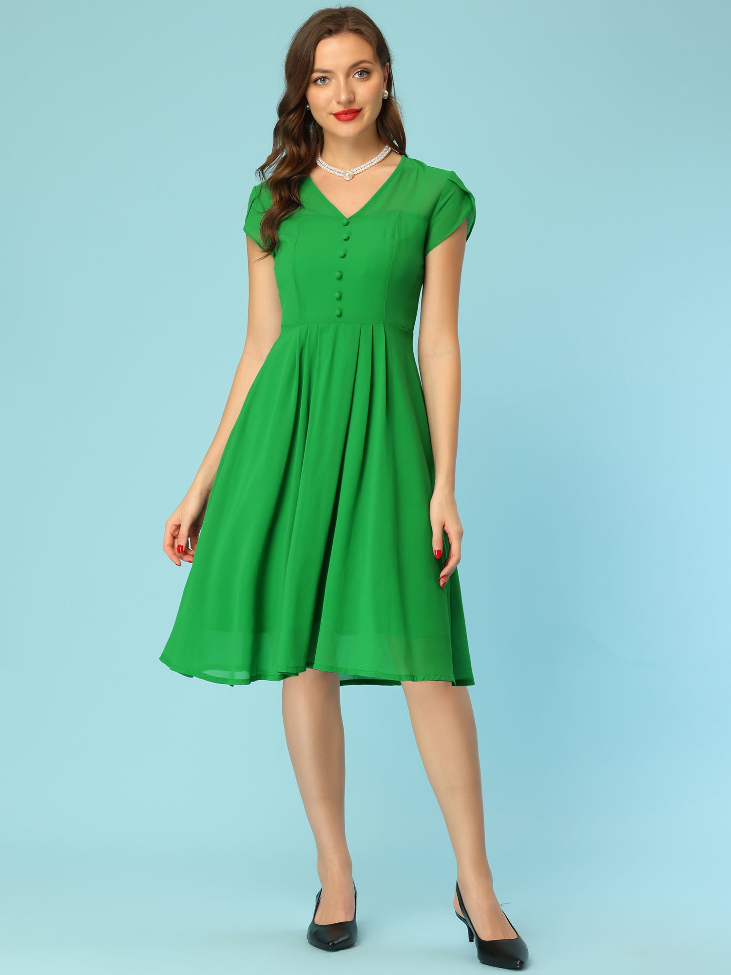 Vintage Chiffon V Neck Cap Sleeve Elegant A-Line Dress