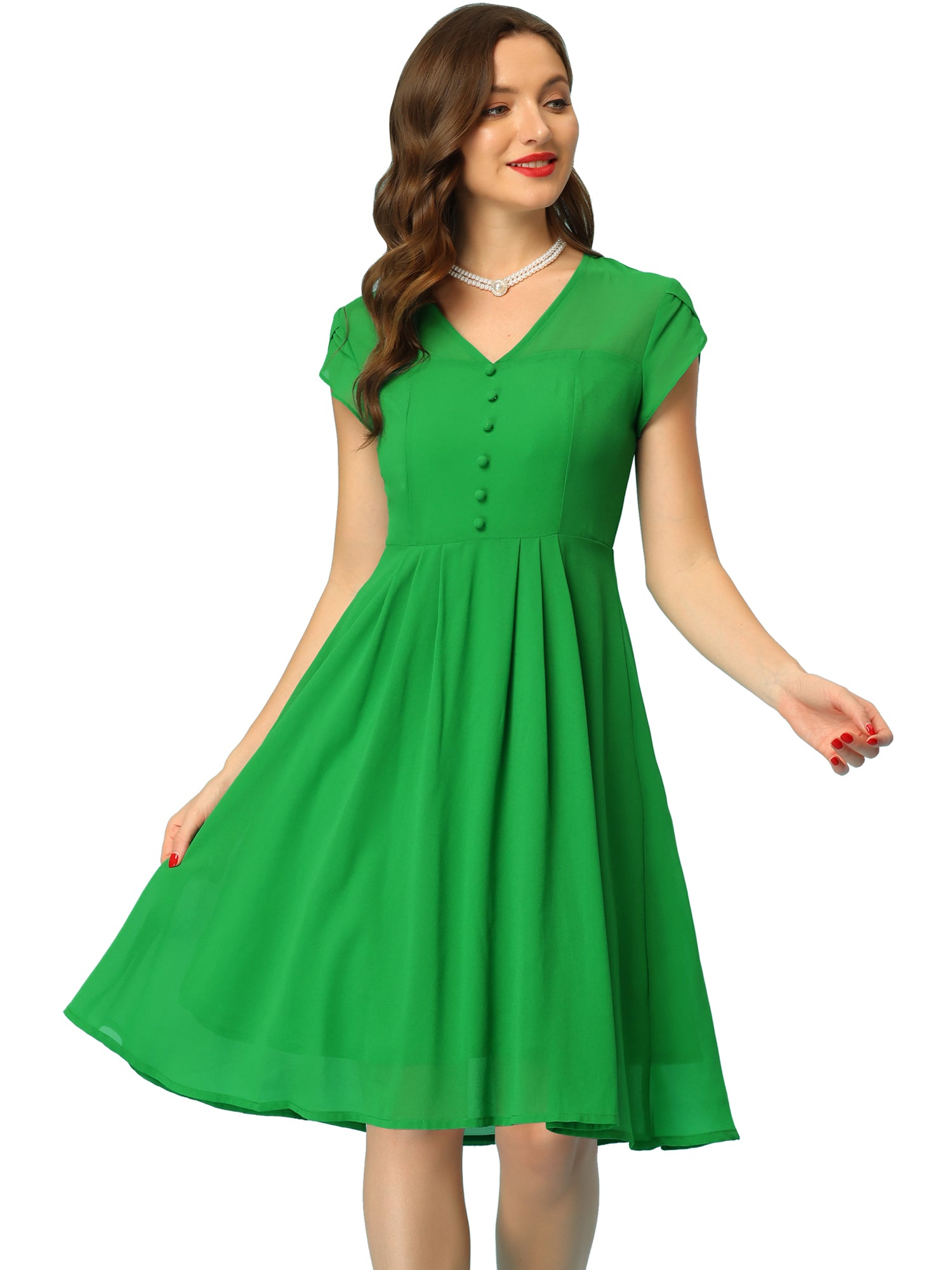 Vintage Chiffon V Neck Cap Sleeve Elegant A-Line Dress
