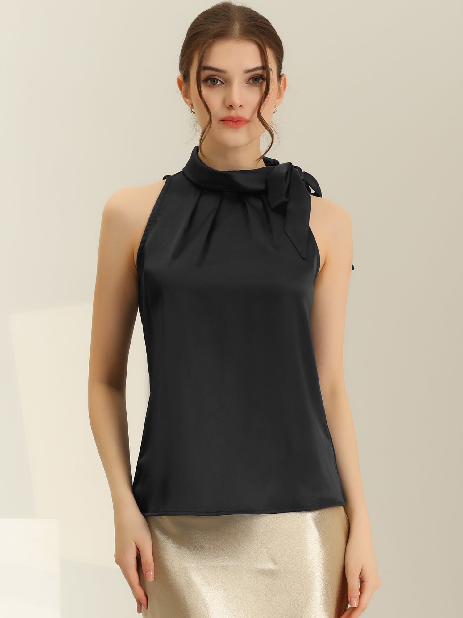 Elegant Satin Sleeveless Tie Knot Mock Neck Solid Work Blouse Top