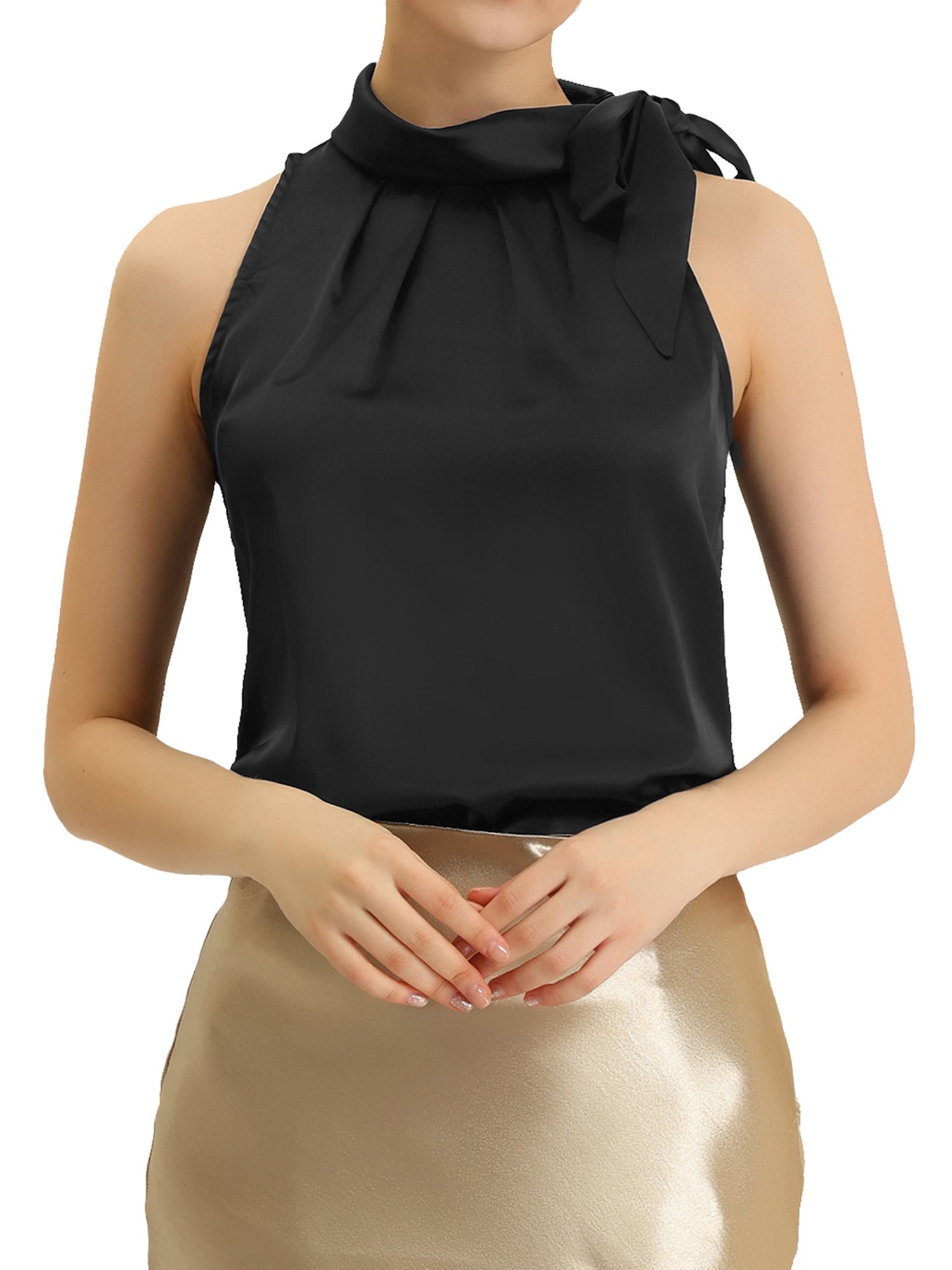 Elegant Satin Sleeveless Tie Knot Mock Neck Solid Work Blouse Top