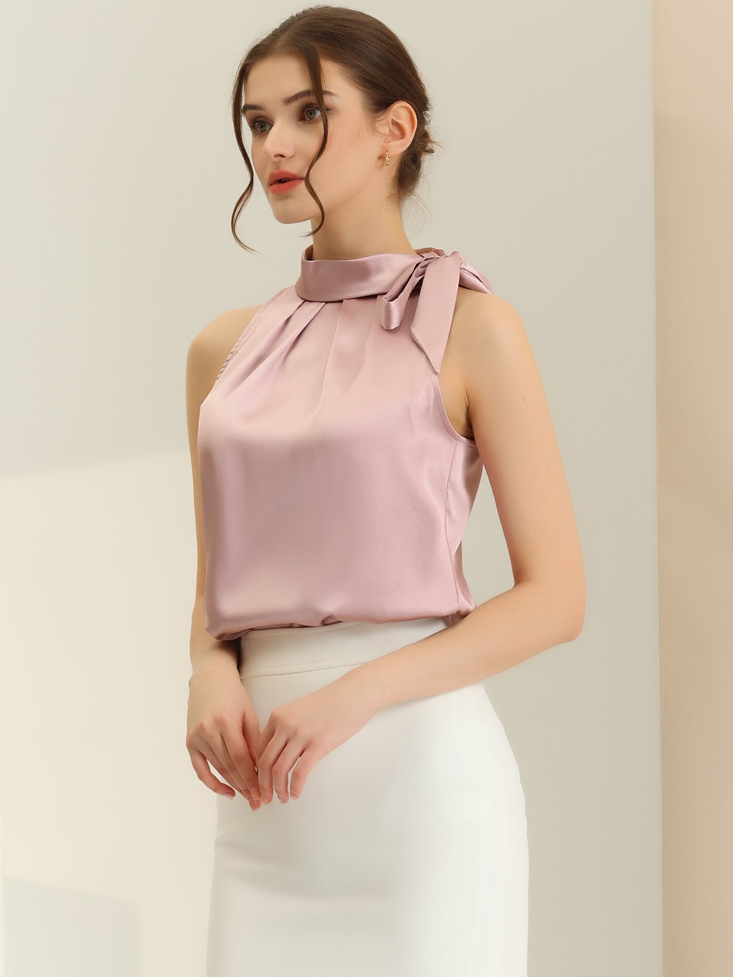 Elegant Satin Sleeveless Tie Knot Mock Neck Solid Work Blouse Top