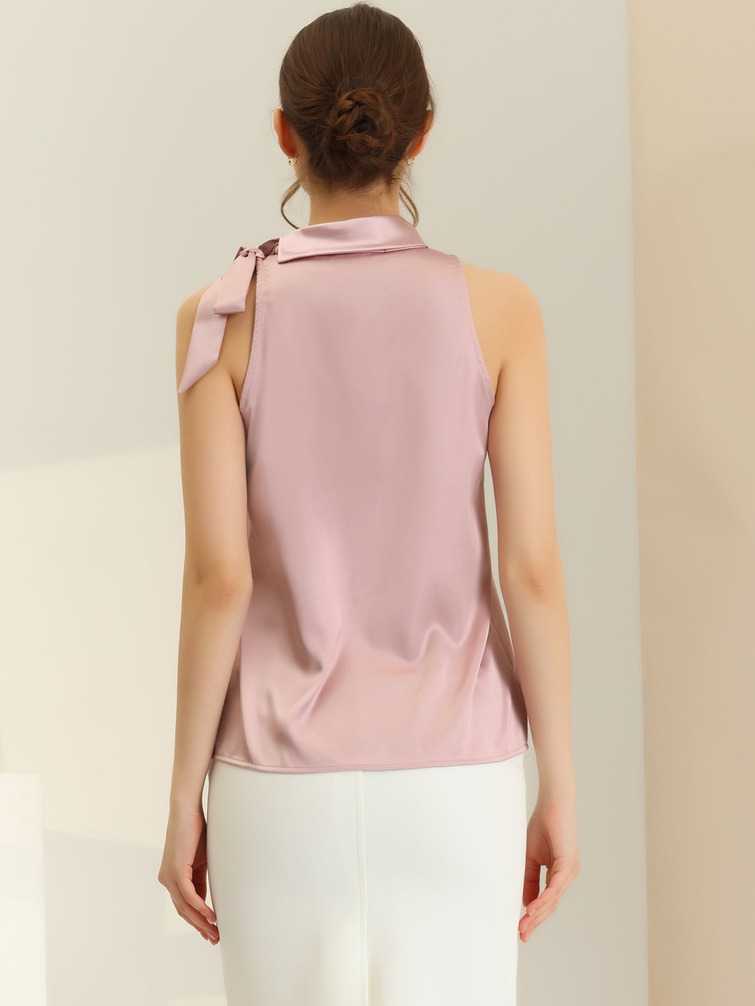 Elegant Satin Sleeveless Tie Knot Mock Neck Solid Work Blouse Top