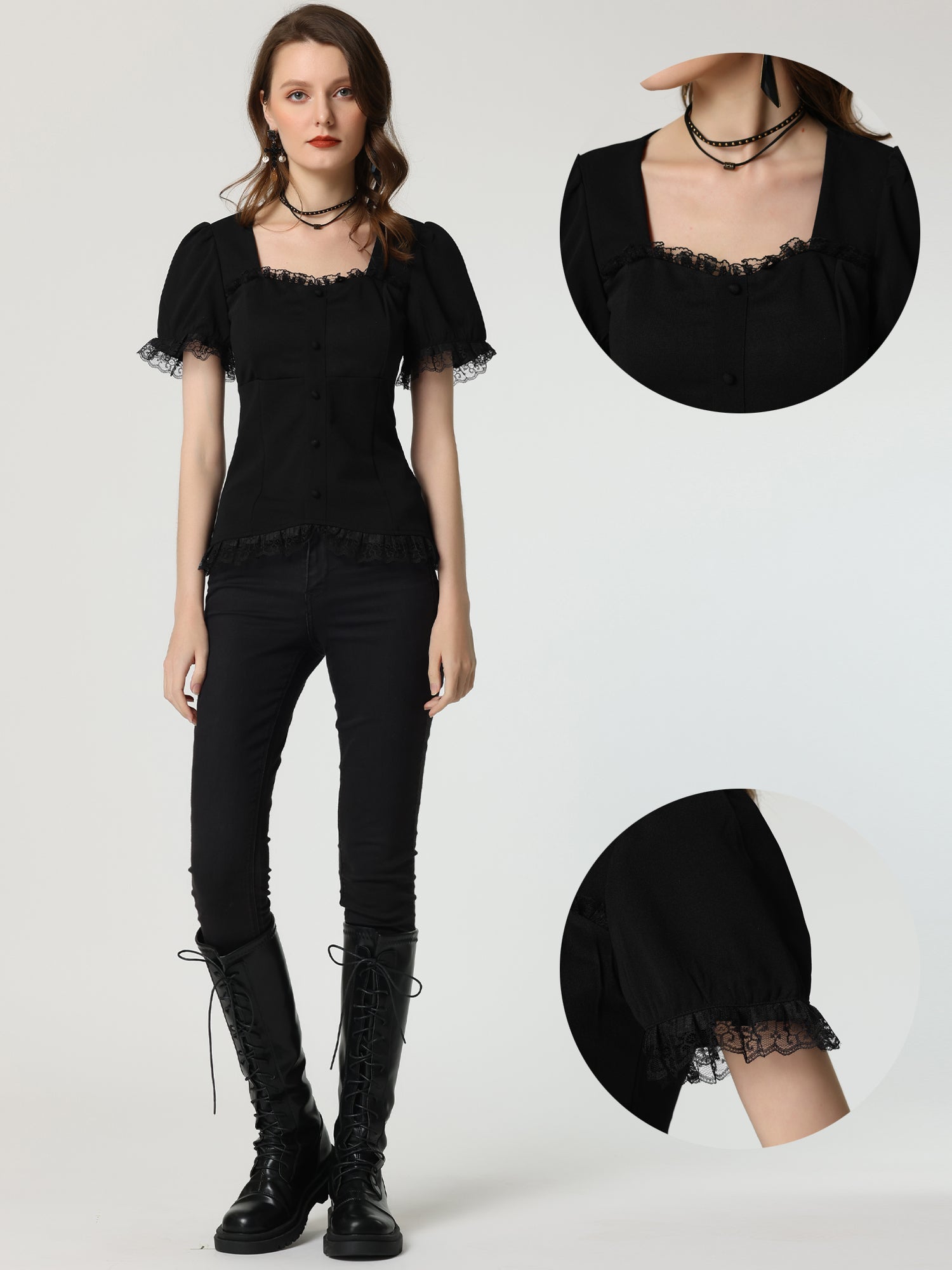 Sweetheart Neck Puff Short Sleeve Lace Up Gothic Blouse