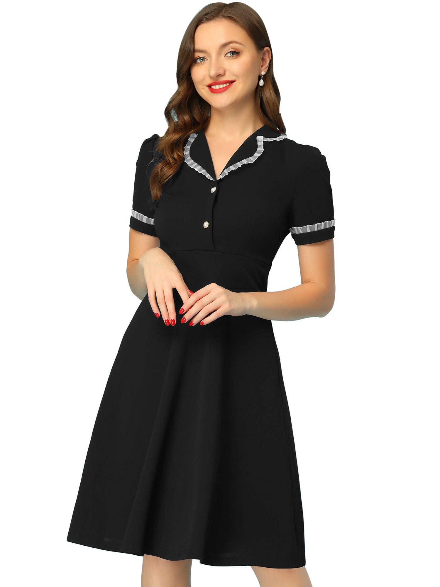 Work Lace Notched Collar Vintage 1950s Short Sleeve Midi Shirt Dress