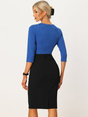 Contrast Color 3/4 Sleeve Bodycon Work Office Pencil Sheath Dress