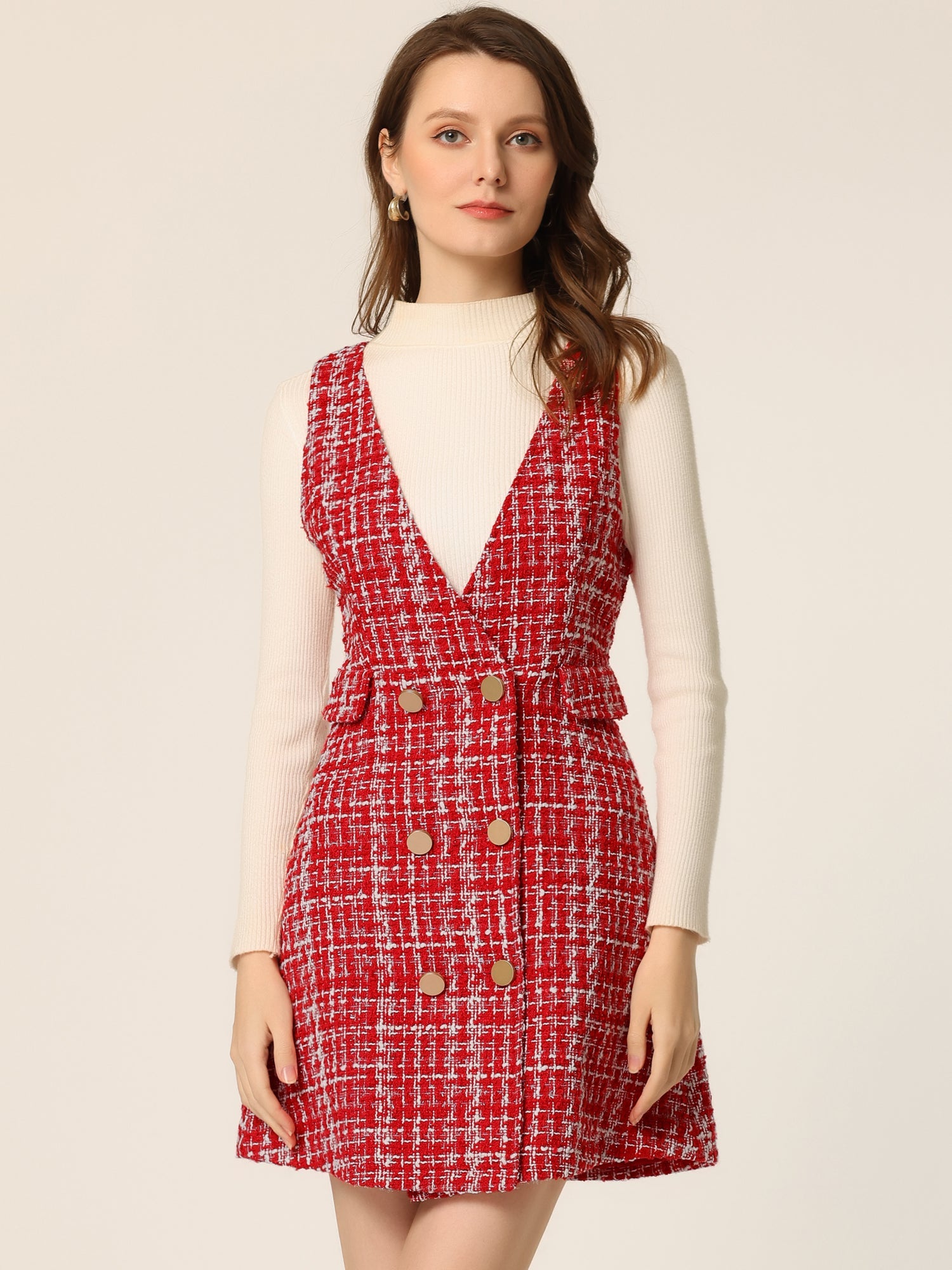 Elegant Button Front V Neck Plaid Tweed Overalls Pinafore Dress