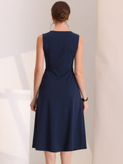 Striped Crew Neck Sleeveless A-Line Midi Work Office Dress