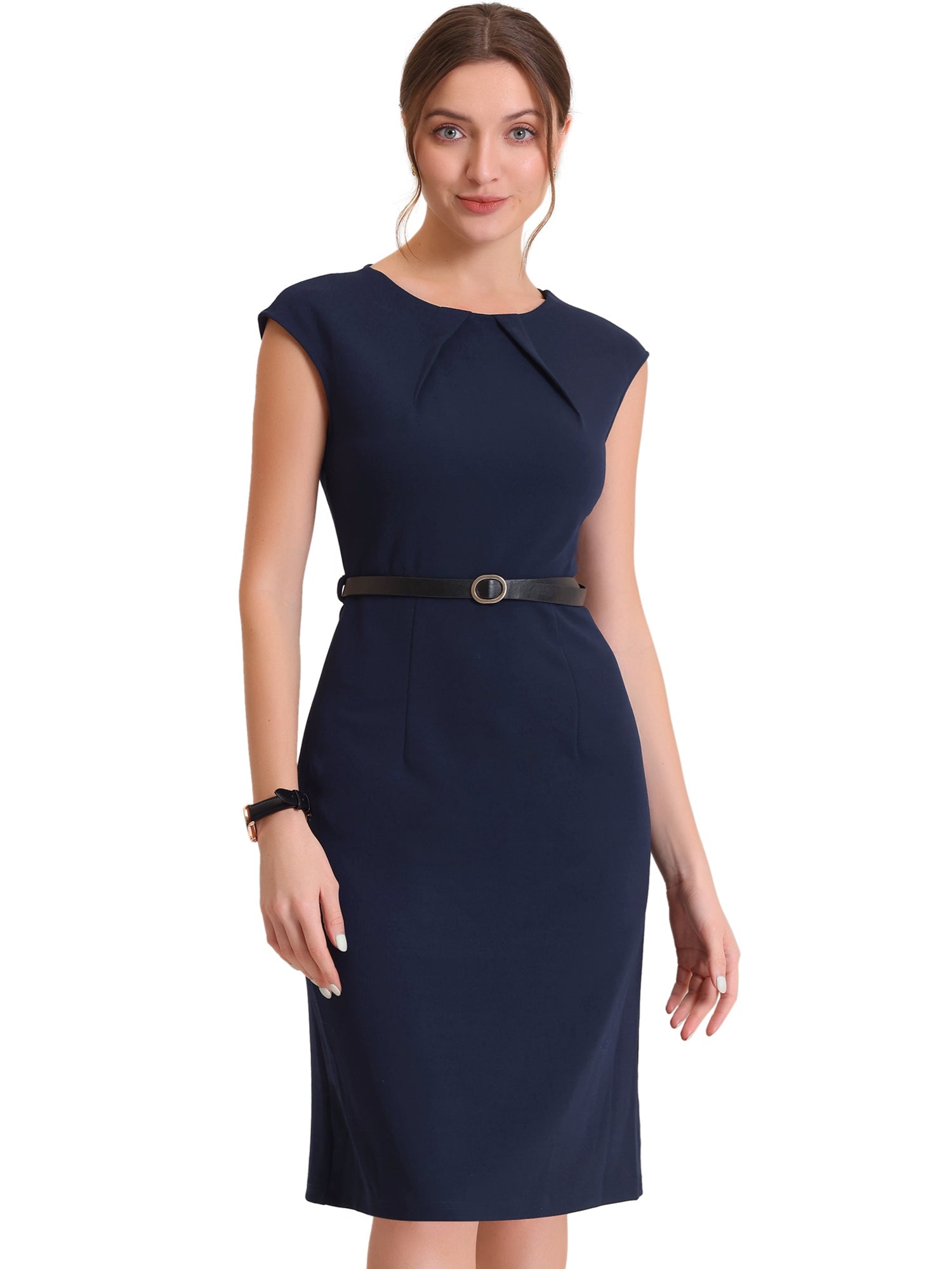 Elegant Business Cap Sleeve Belted Pencil Work Sheath Dress